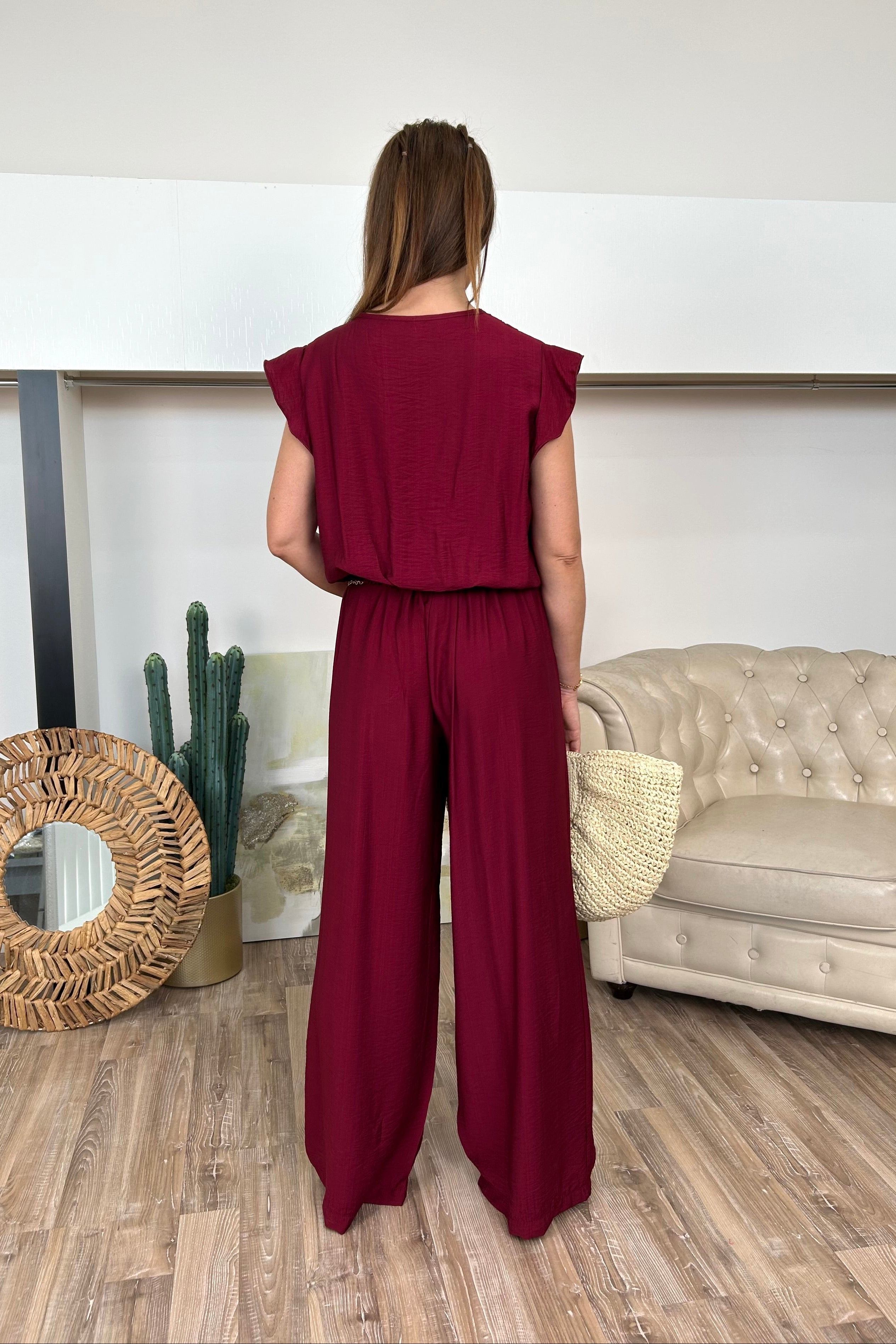 COMPLETO WRAP & WIDE‑LEG CON GOP INCROCIATO E PANTA PALAZZO COL. ROSSO INDIA