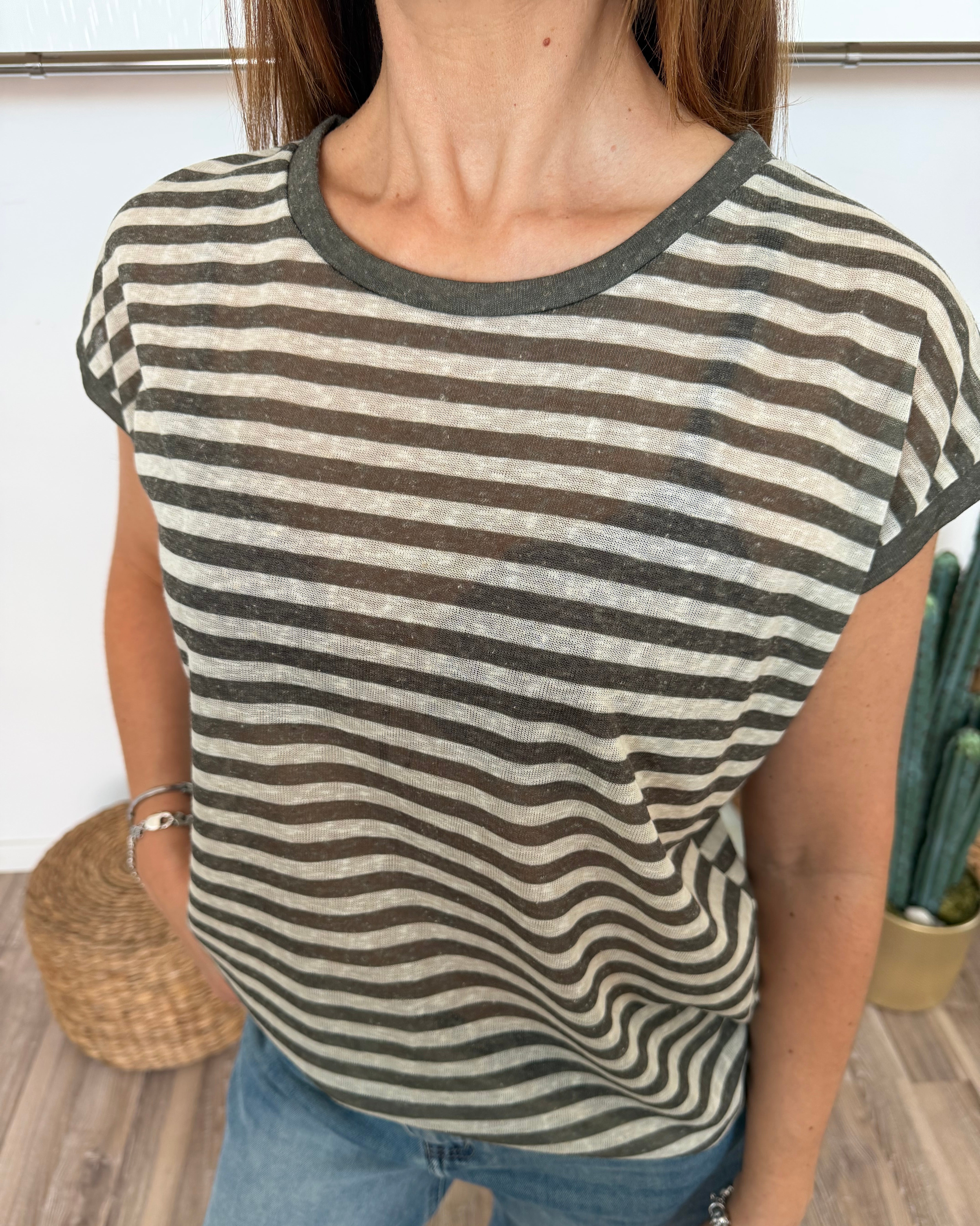 T-SHIRT RIGATA FONDO NATURALE E RIGA MELANGE VERDE SALVIA