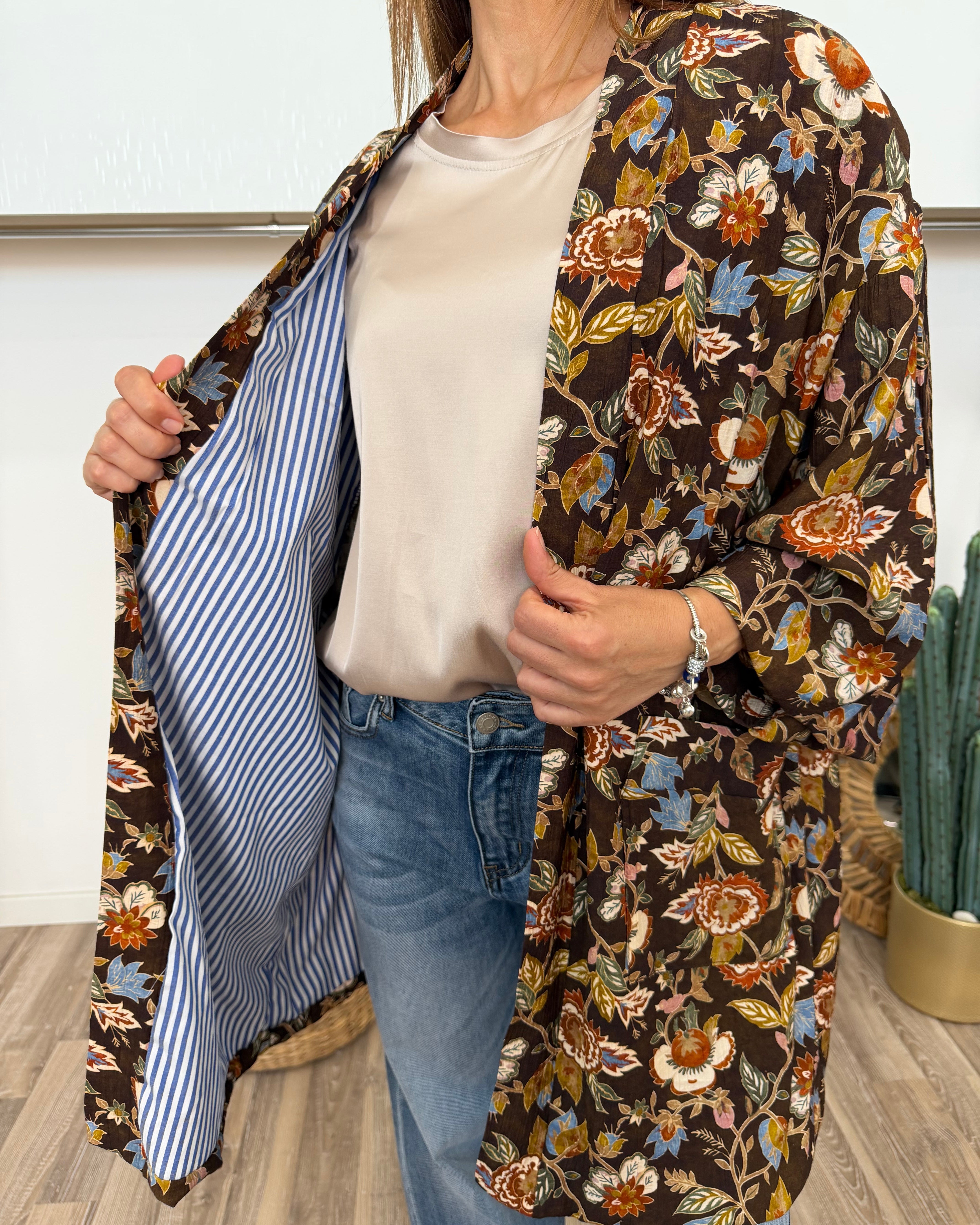 KIMONO FLOREALE CON INTERNO A RIGHE AZZURRE COL. MORO