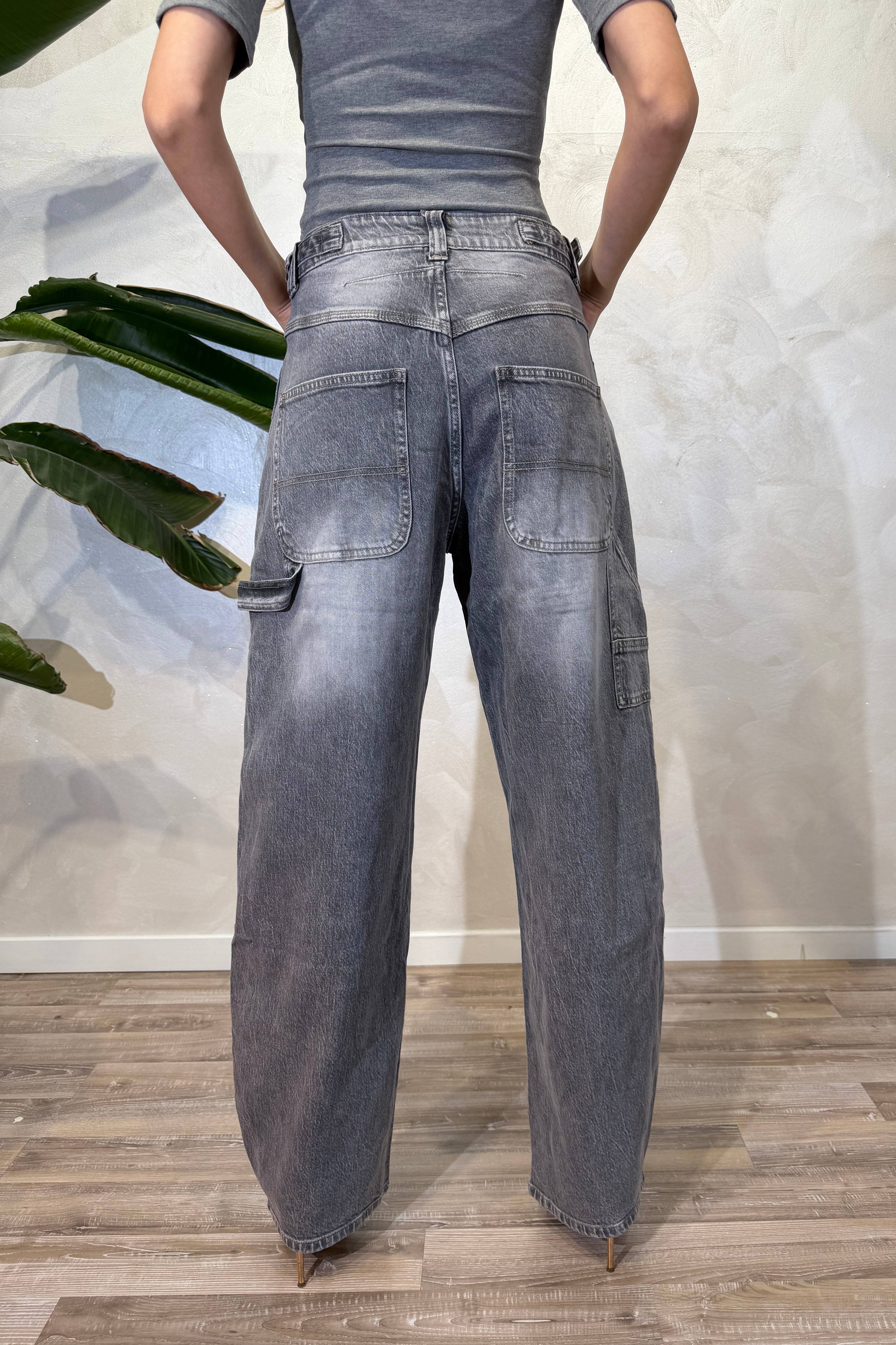 JEANS BALLOON WORKER CON BAFFATURE DECOLORATE COL. GRIGIO