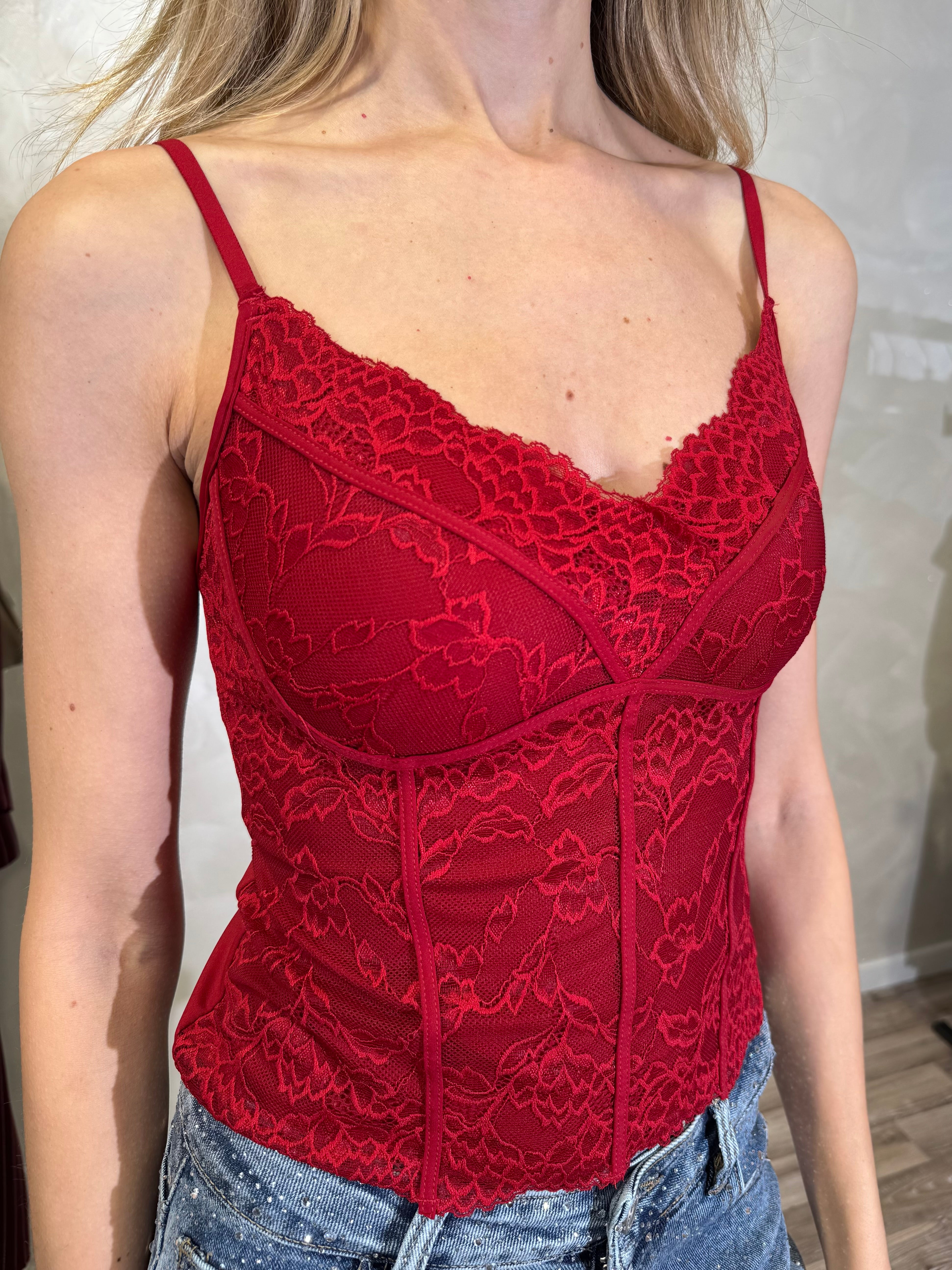 TOP IN PIZZO FLOREALE COL. ROSSO