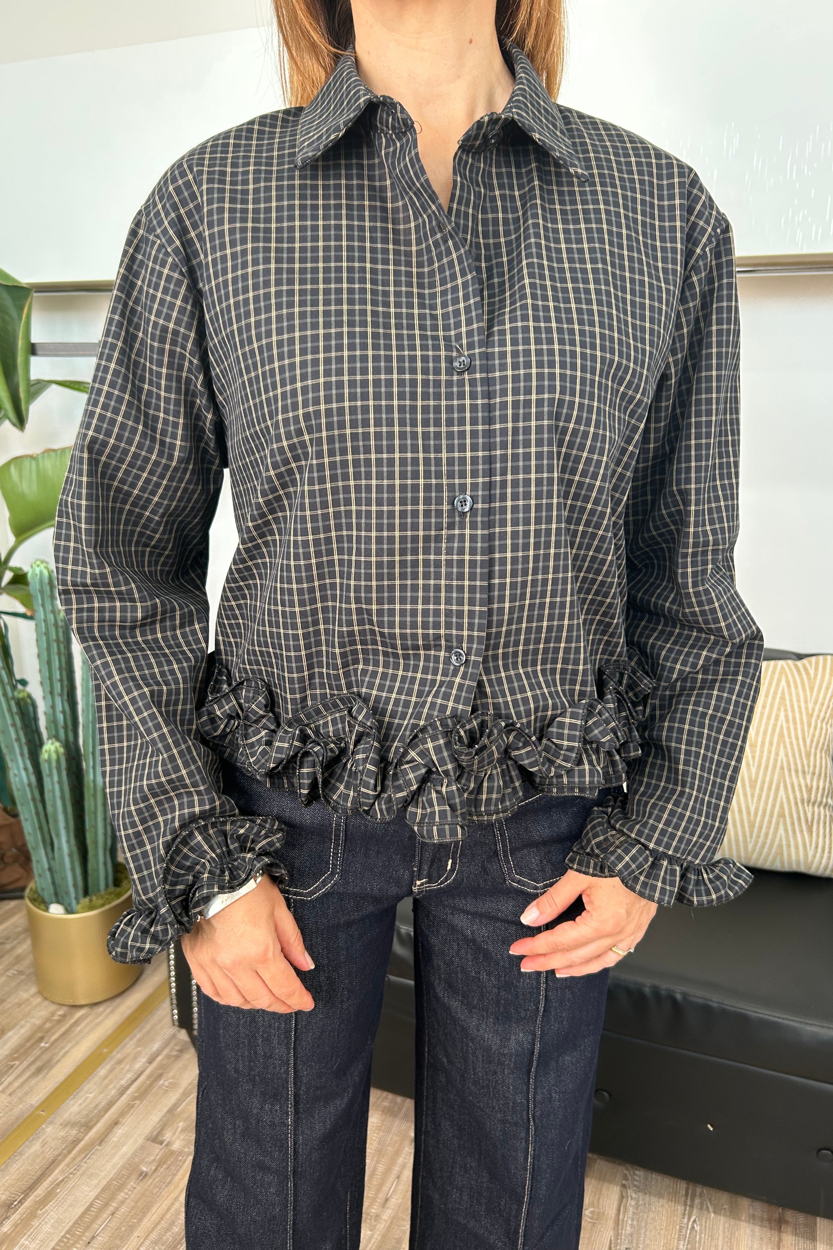 CAMICIA A QUADRI VICHY CON ROUCHE SU FONDO E POLSI COL.NERO