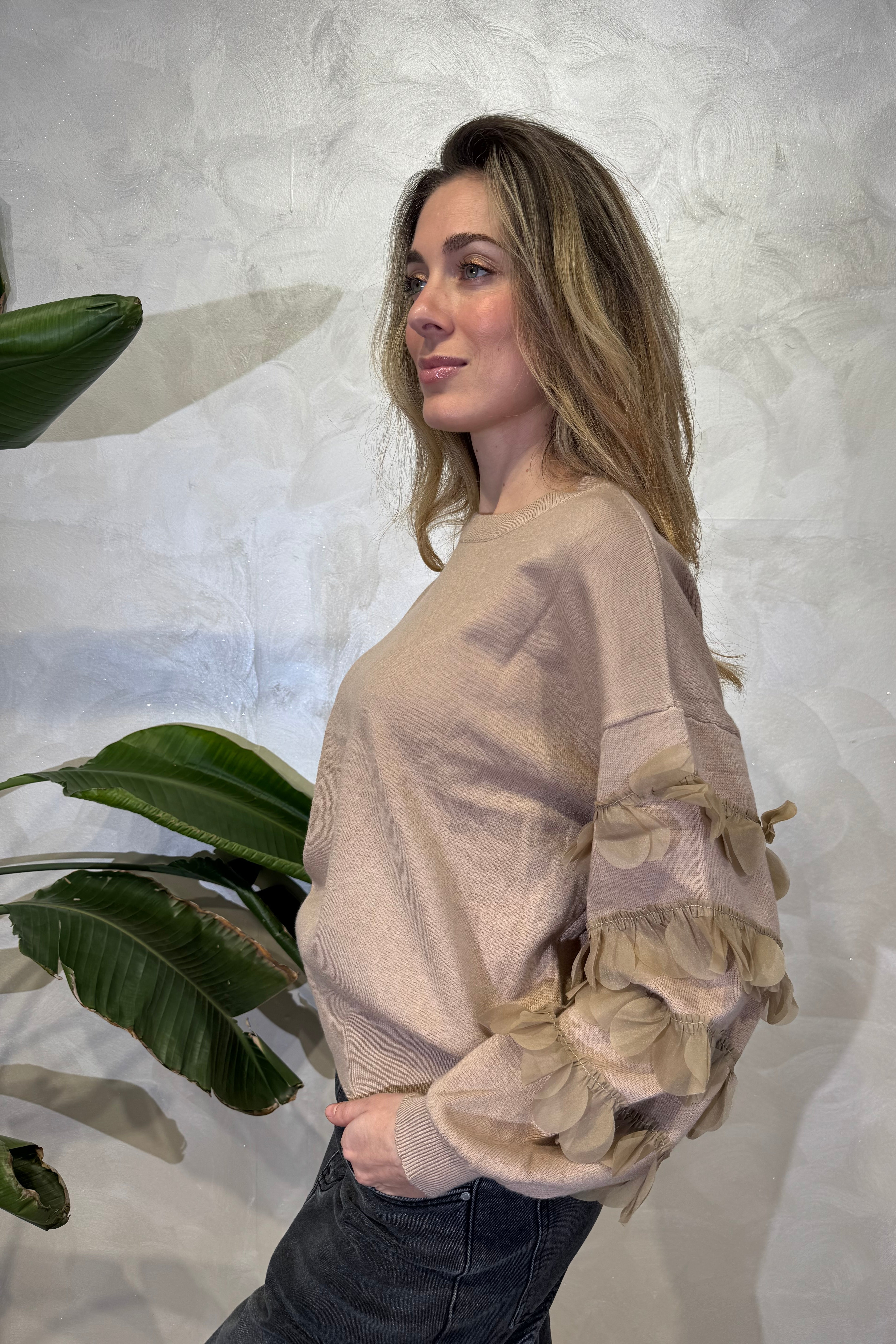 MAGLIA TRICOT CON PARTICOLARI APPLICAZIONI ALLE MANICHE COL. SABBIA