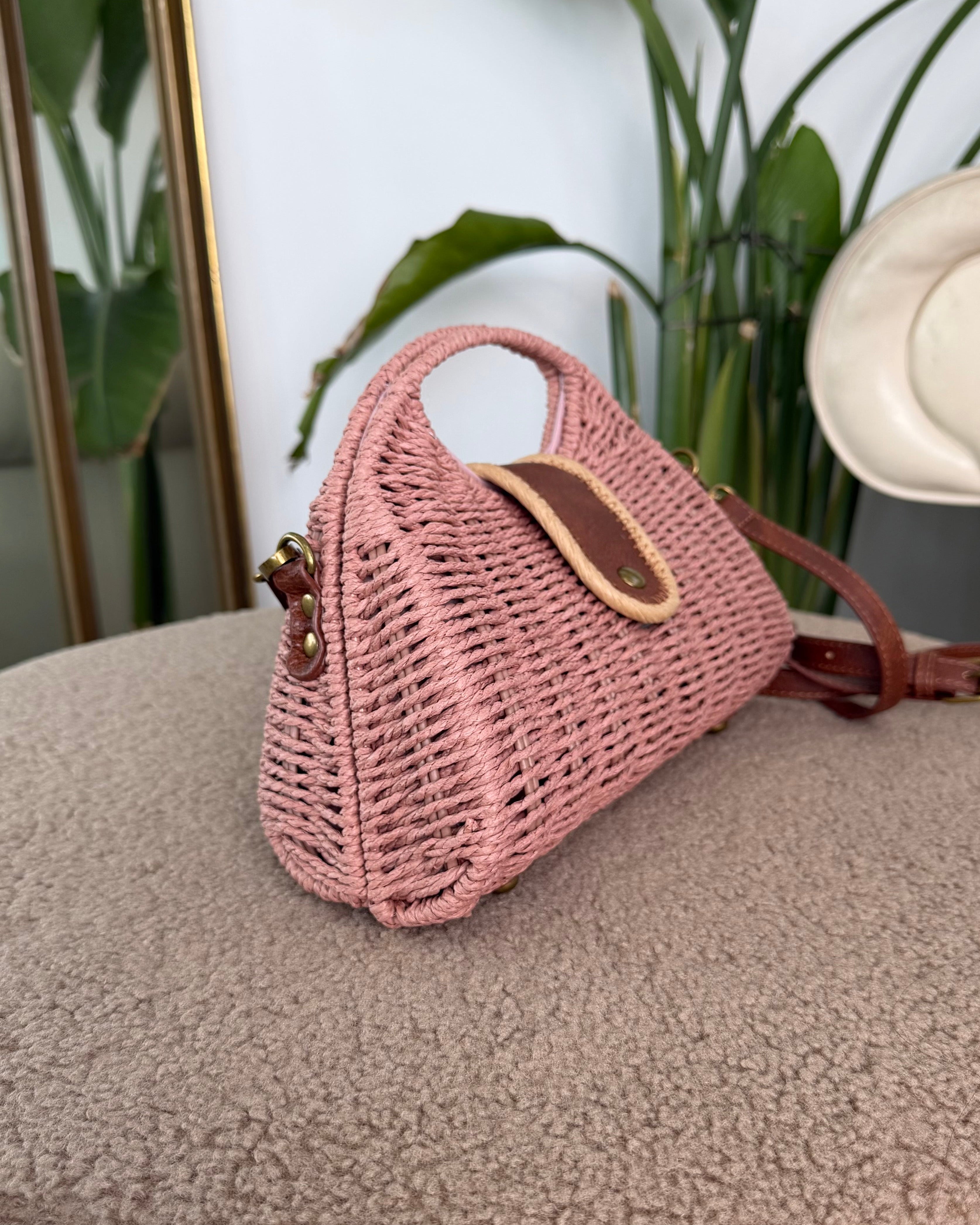 BORSA IN VIMINI CON DETTAGLI IN ECOPELLE COL. ROSA