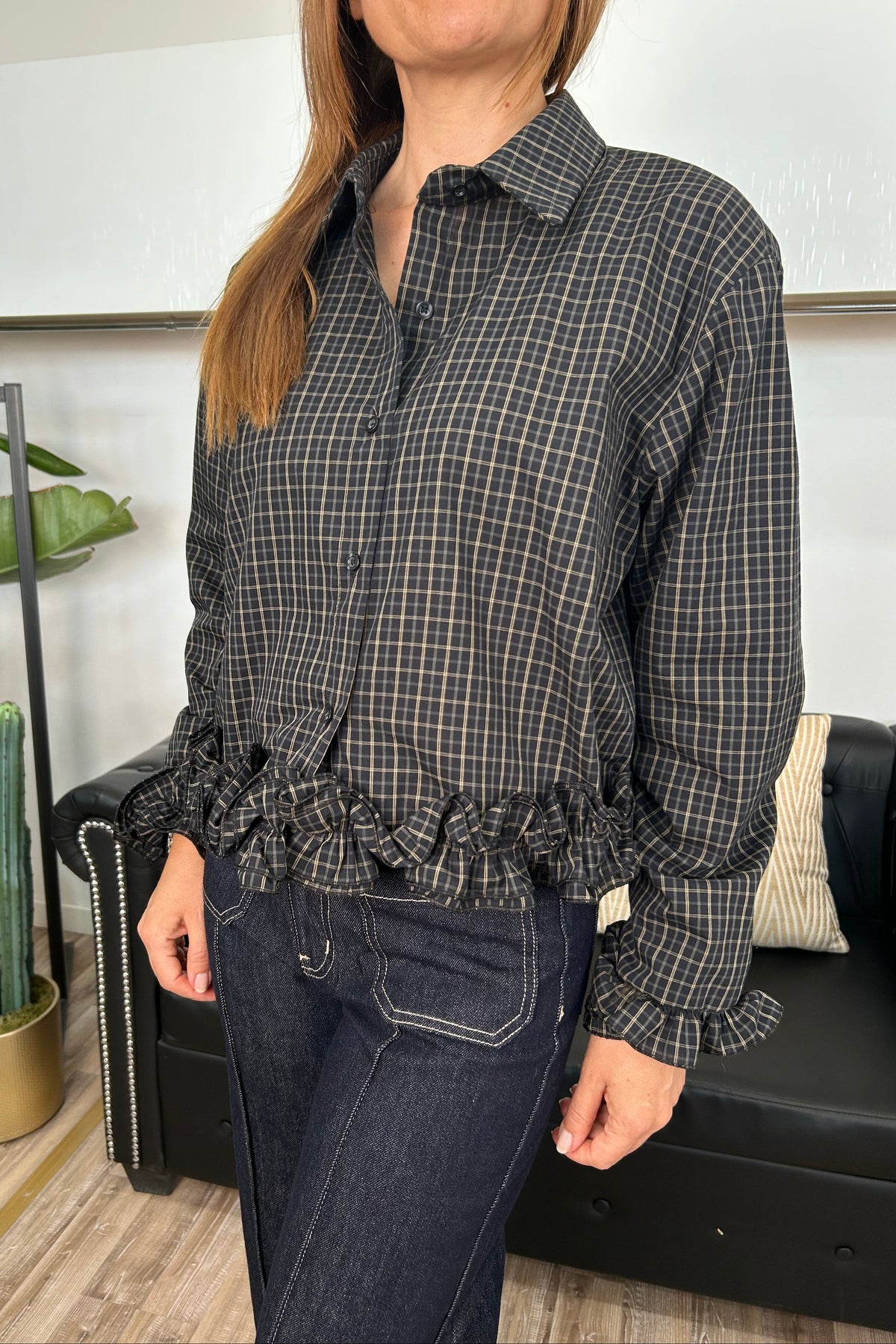 CAMICIA A QUADRI VICHY CON ROUCHE SU FONDO E POLSI COL.NERO
