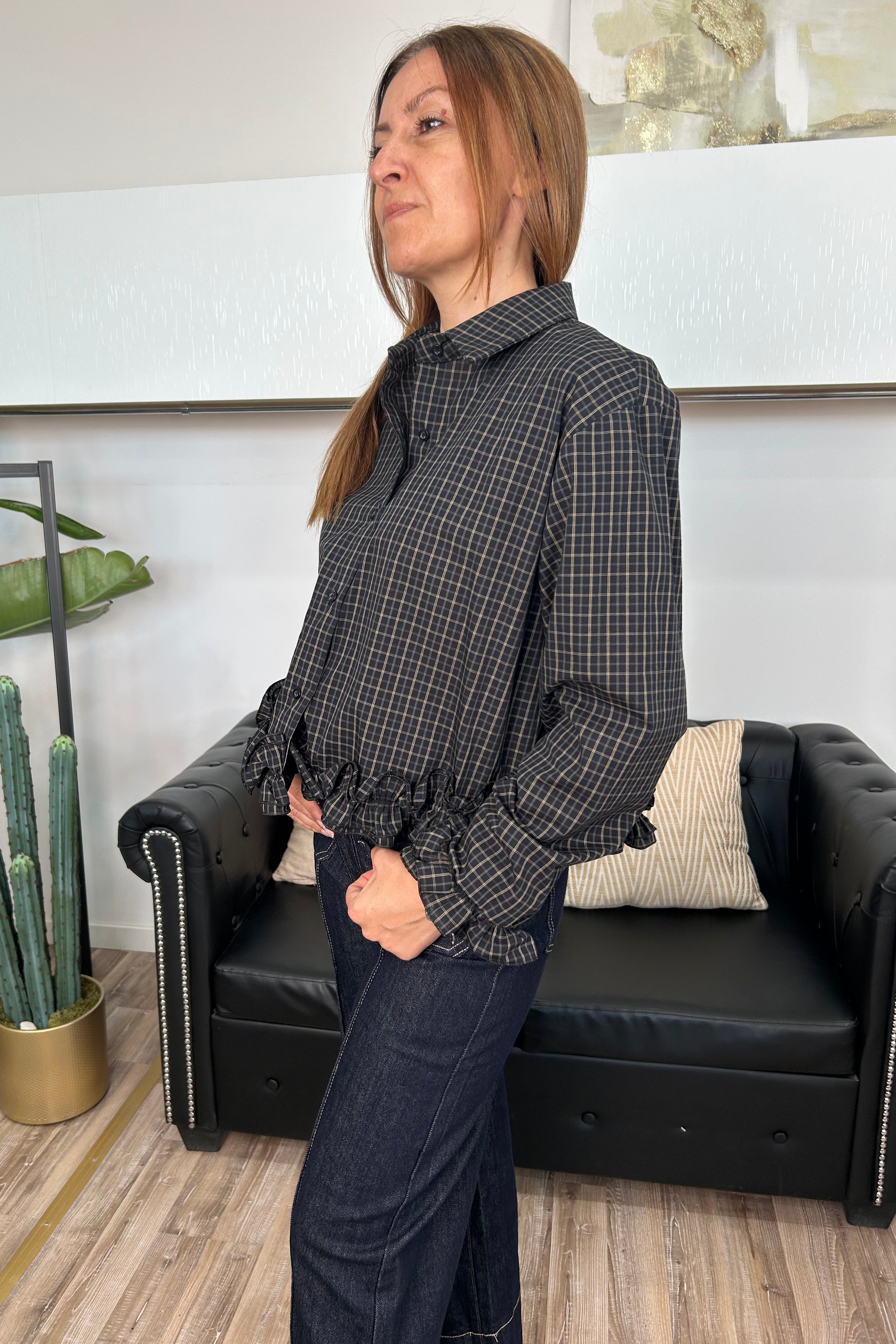 CAMICIA A QUADRI VICHY CON ROUCHE SU FONDO E POLSI COL.NERO