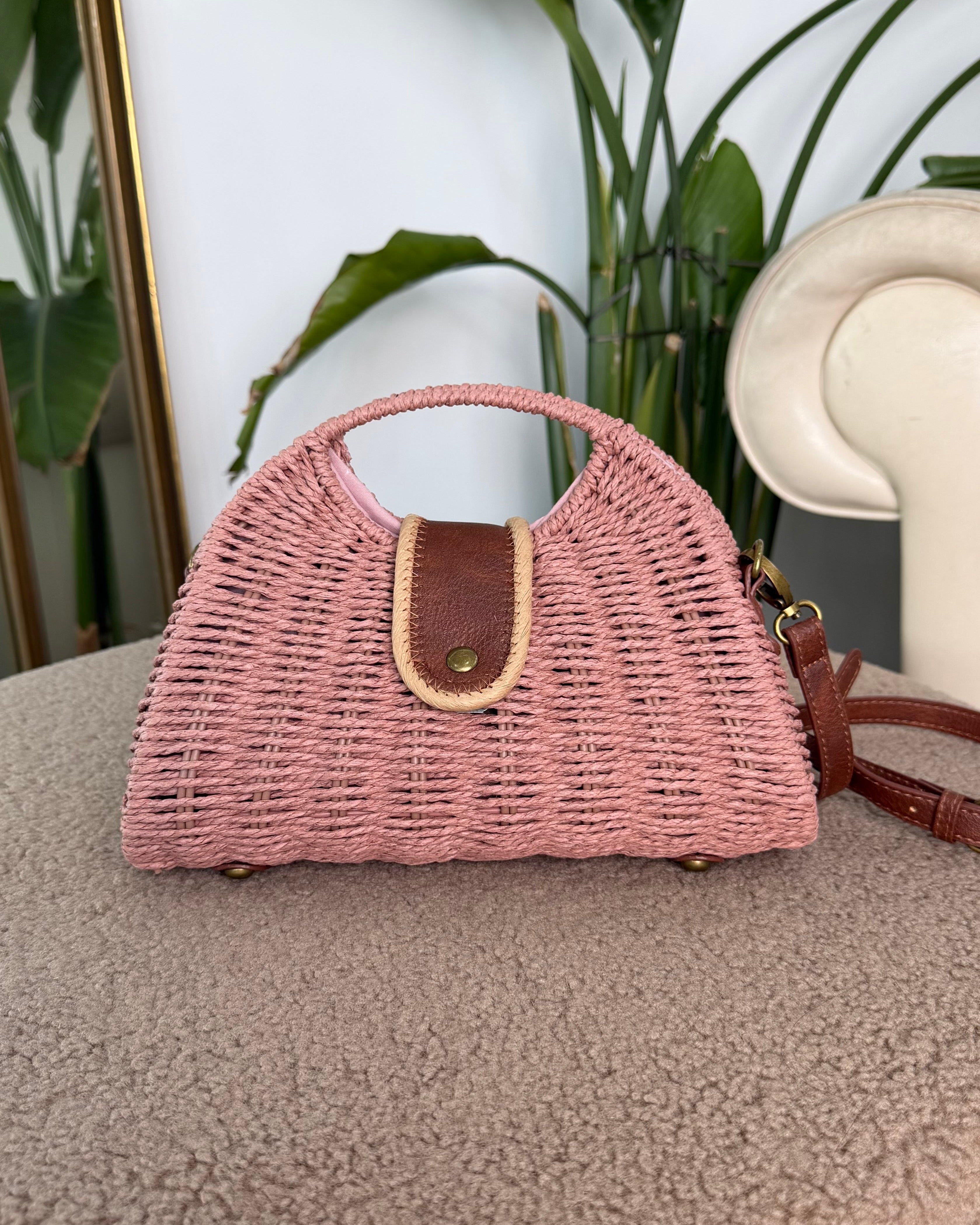 BORSA IN VIMINI CON DETTAGLI IN ECOPELLE COL. ROSA