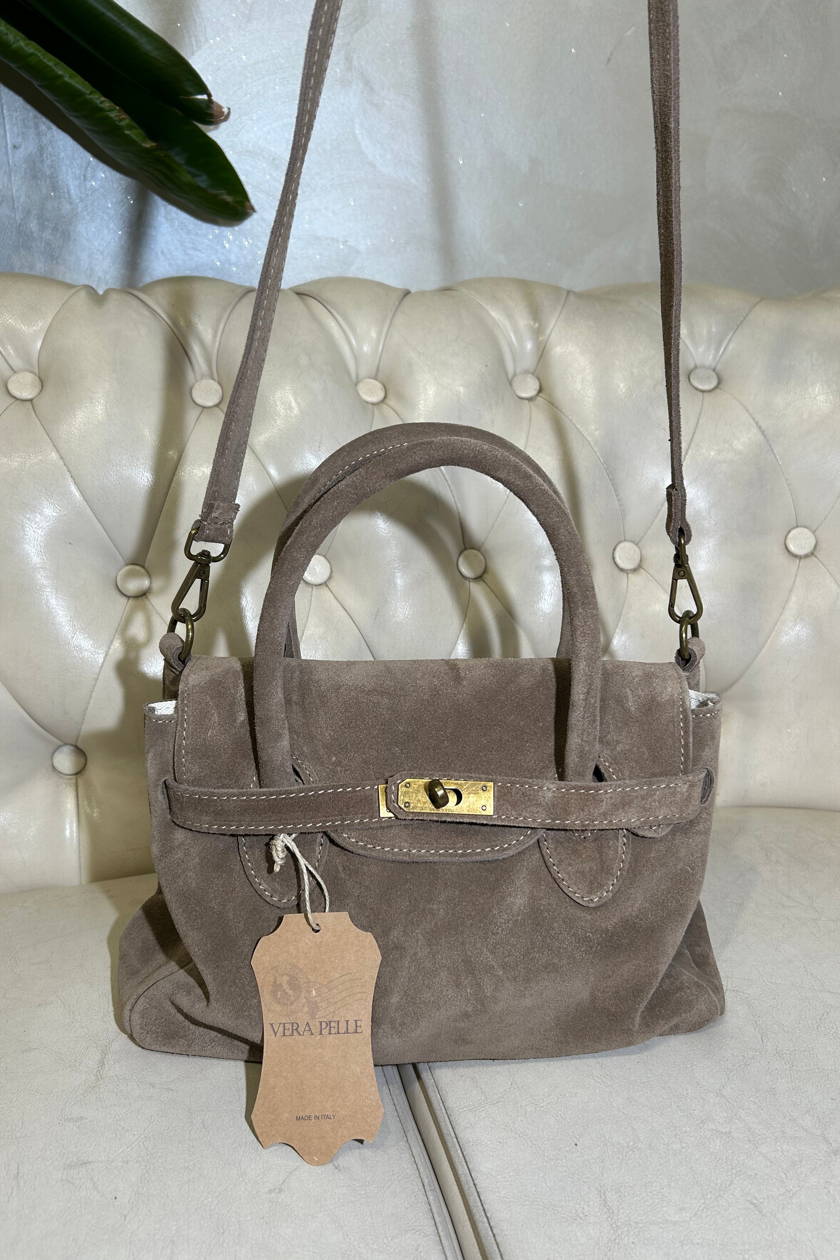 BORSA IN VERA PELLE SCAMOSCIATA CON CHIUSURA METALLICA COL.FANGO