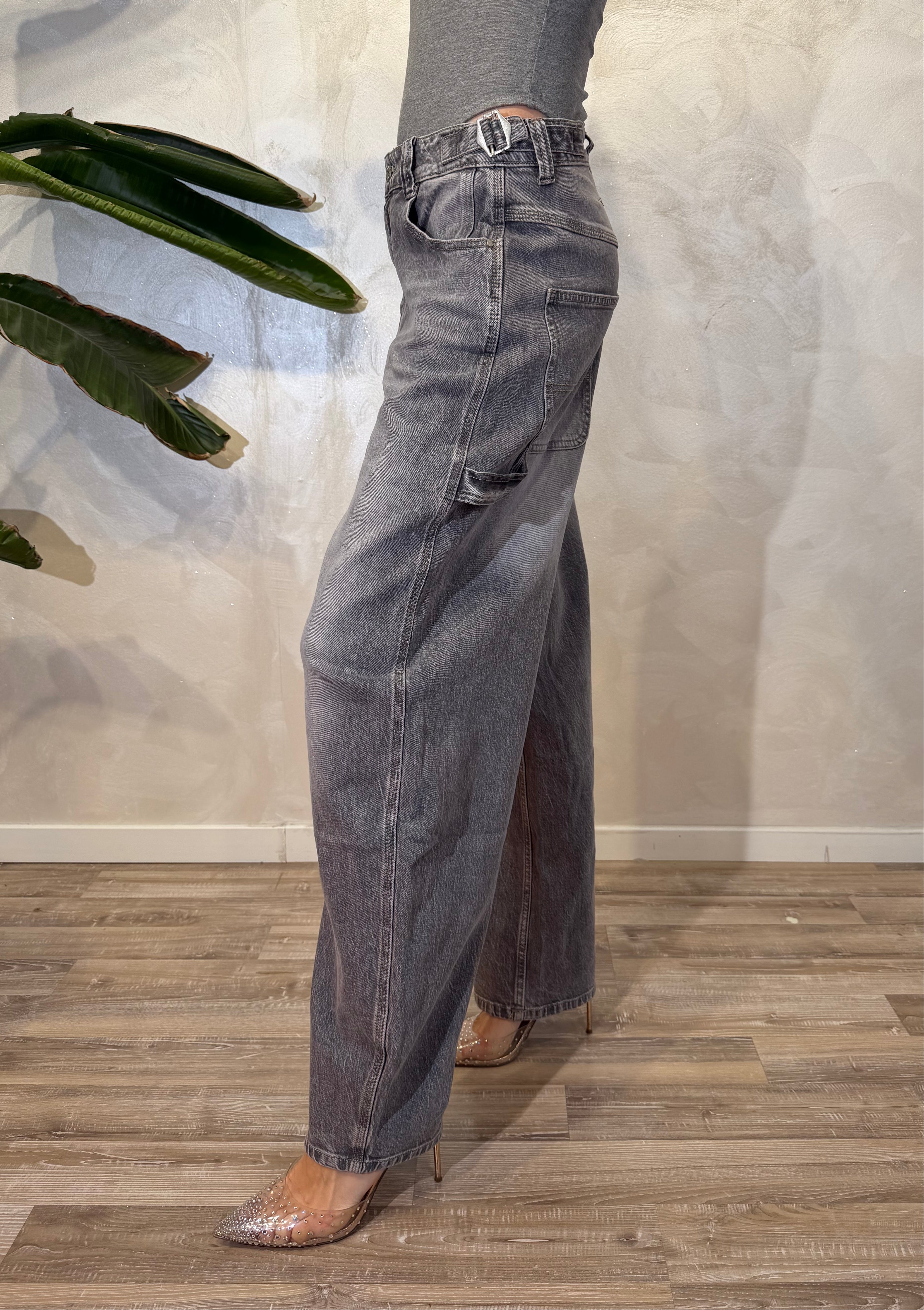 JEANS BALLOON WORKER CON BAFFATURE DECOLORATE COL. GRIGIO
