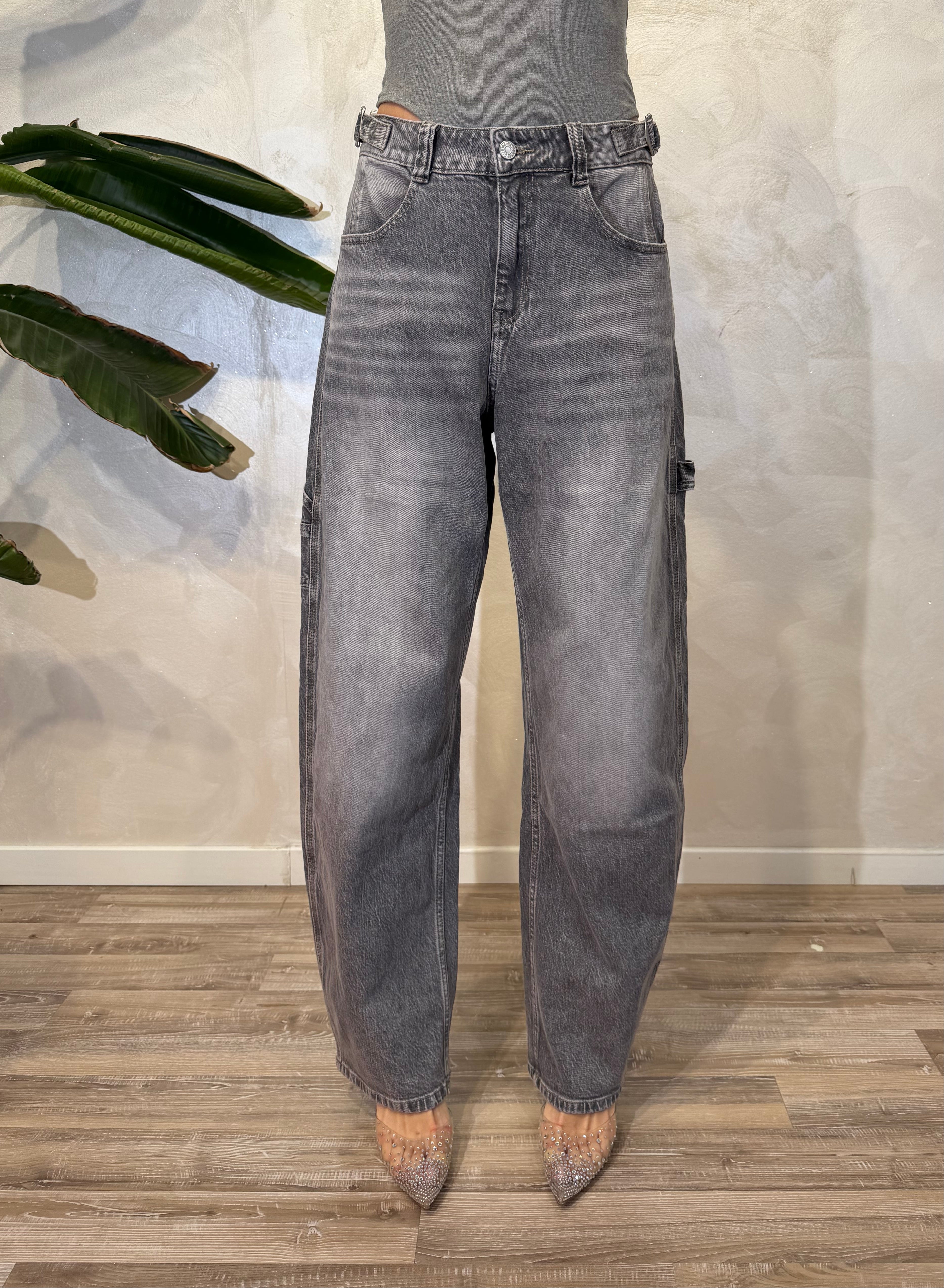 JEANS BALLOON WORKER CON BAFFATURE DECOLORATE COL. GRIGIO
