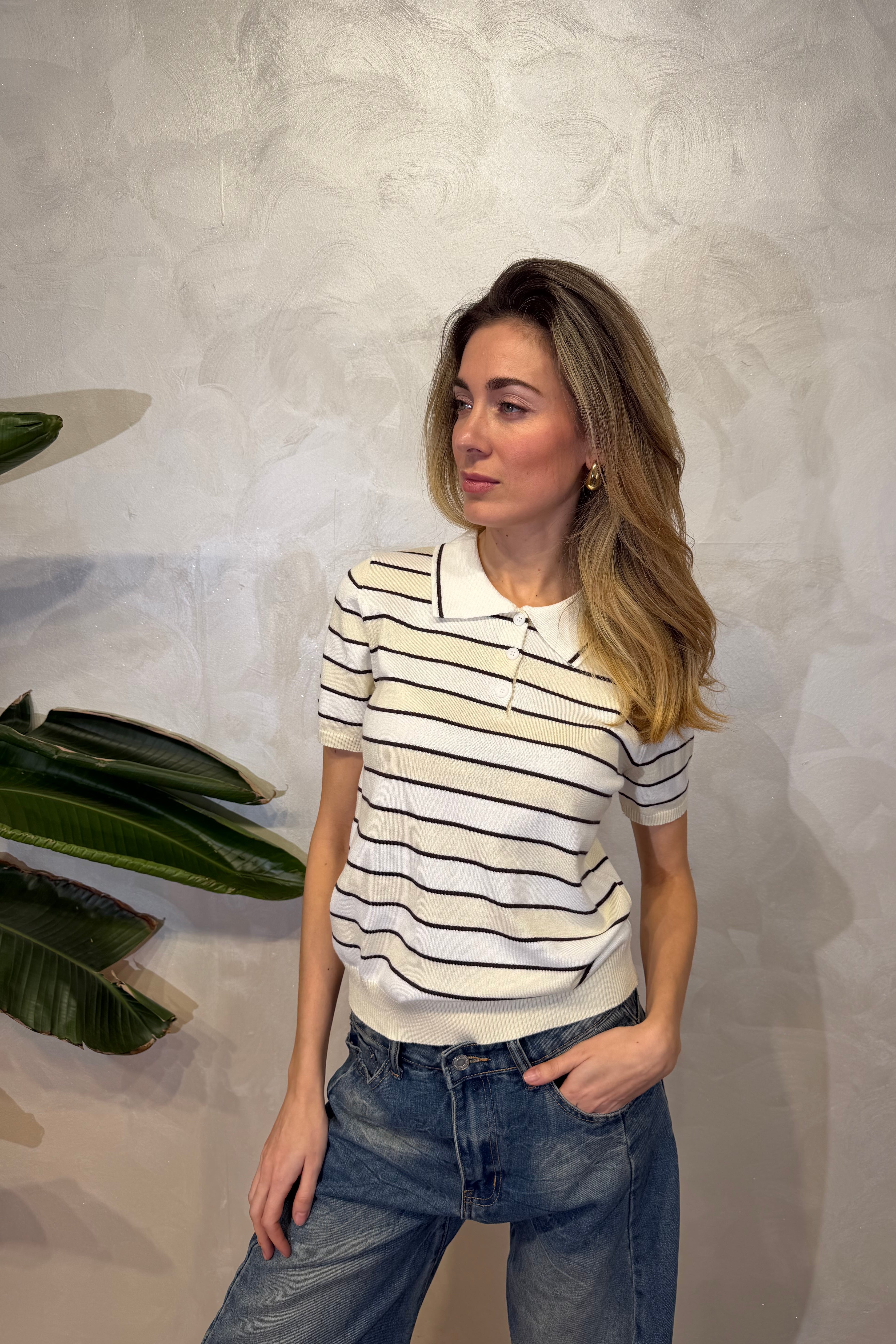 POLO IN MAGLIA RIGATA COL.PANNA