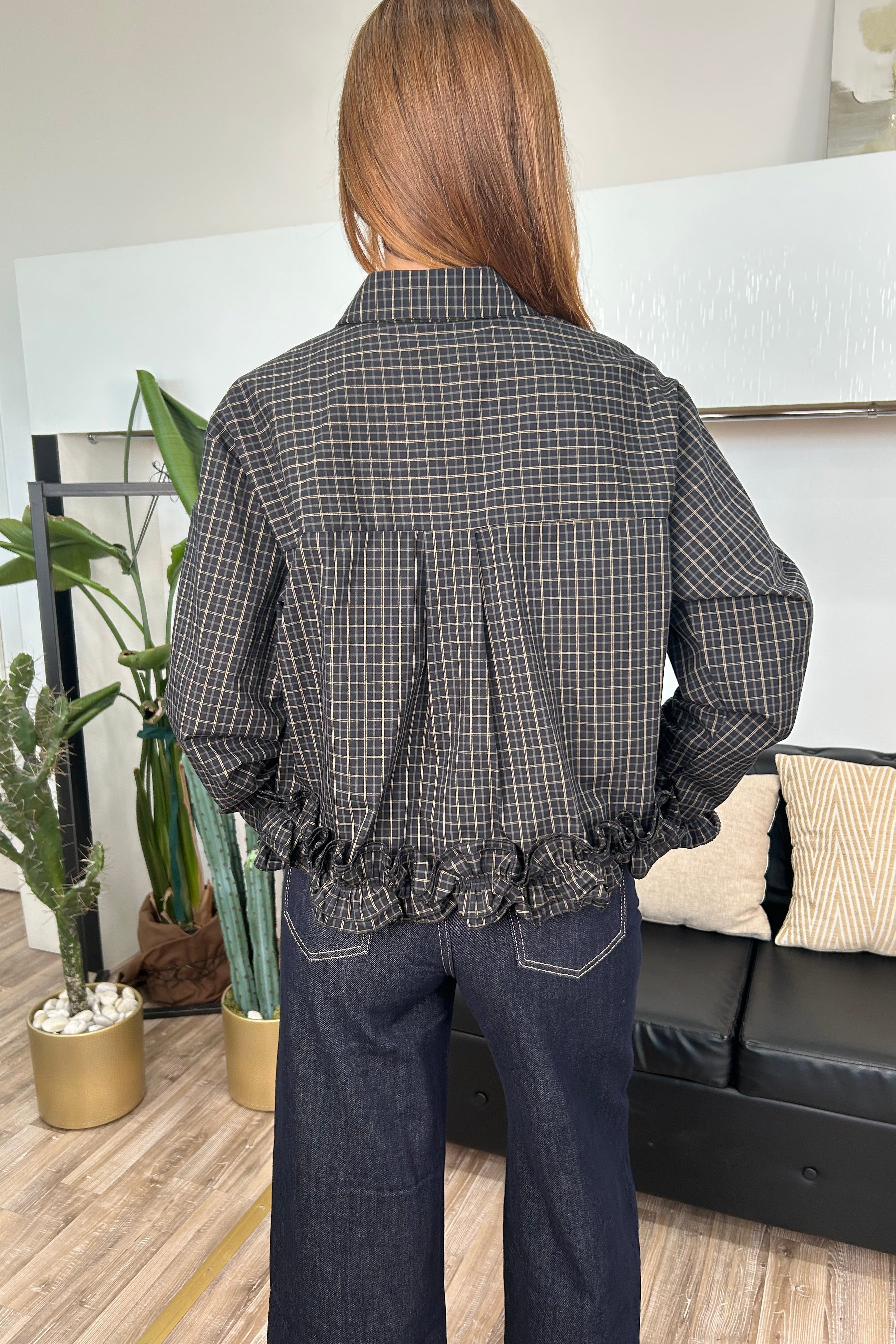 CAMICIA A QUADRI VICHY CON ROUCHE SU FONDO E POLSI COL.NERO