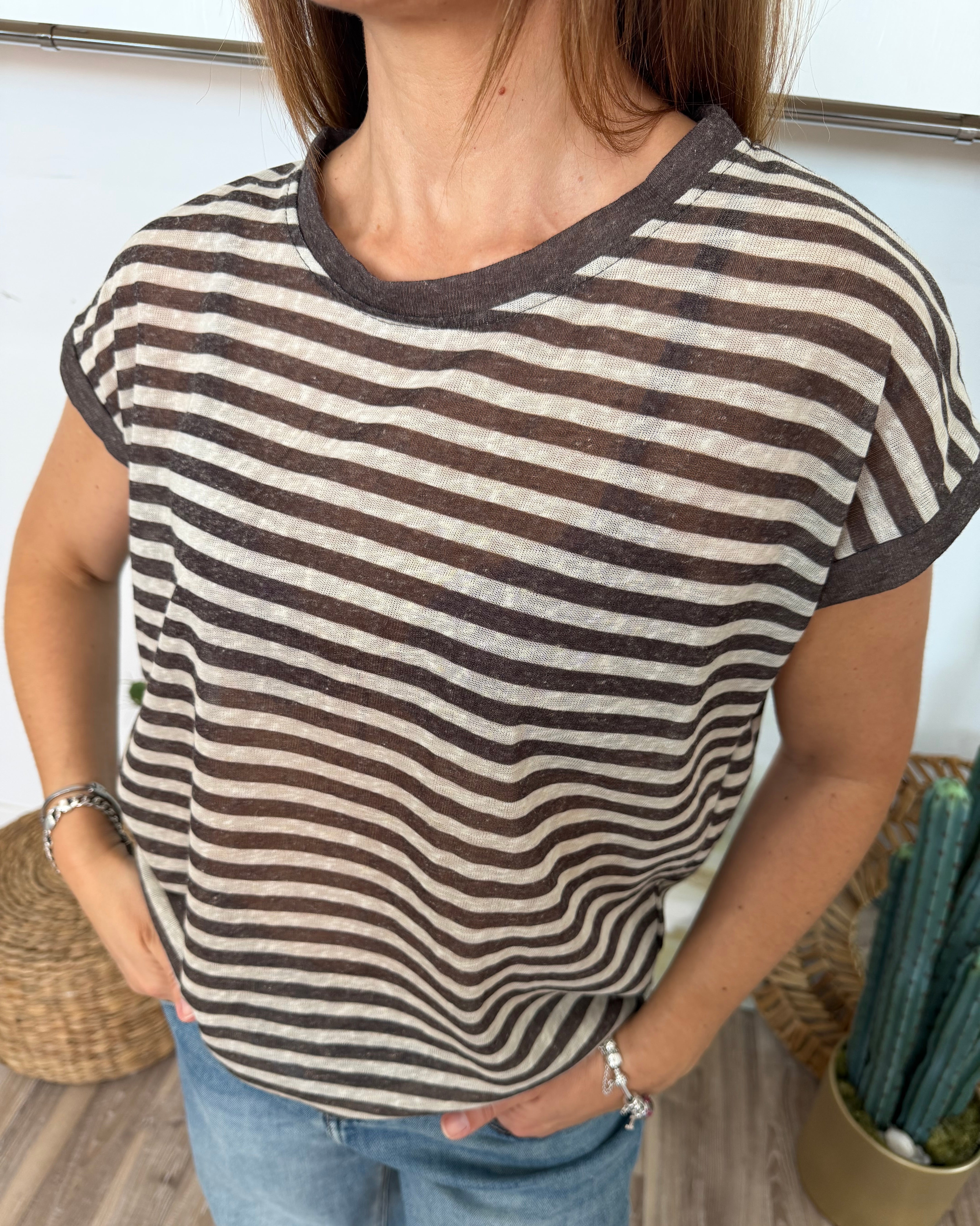 T-SHIRT RIGATA FONDO NATURALE E RIGA MELANGE CAFFE