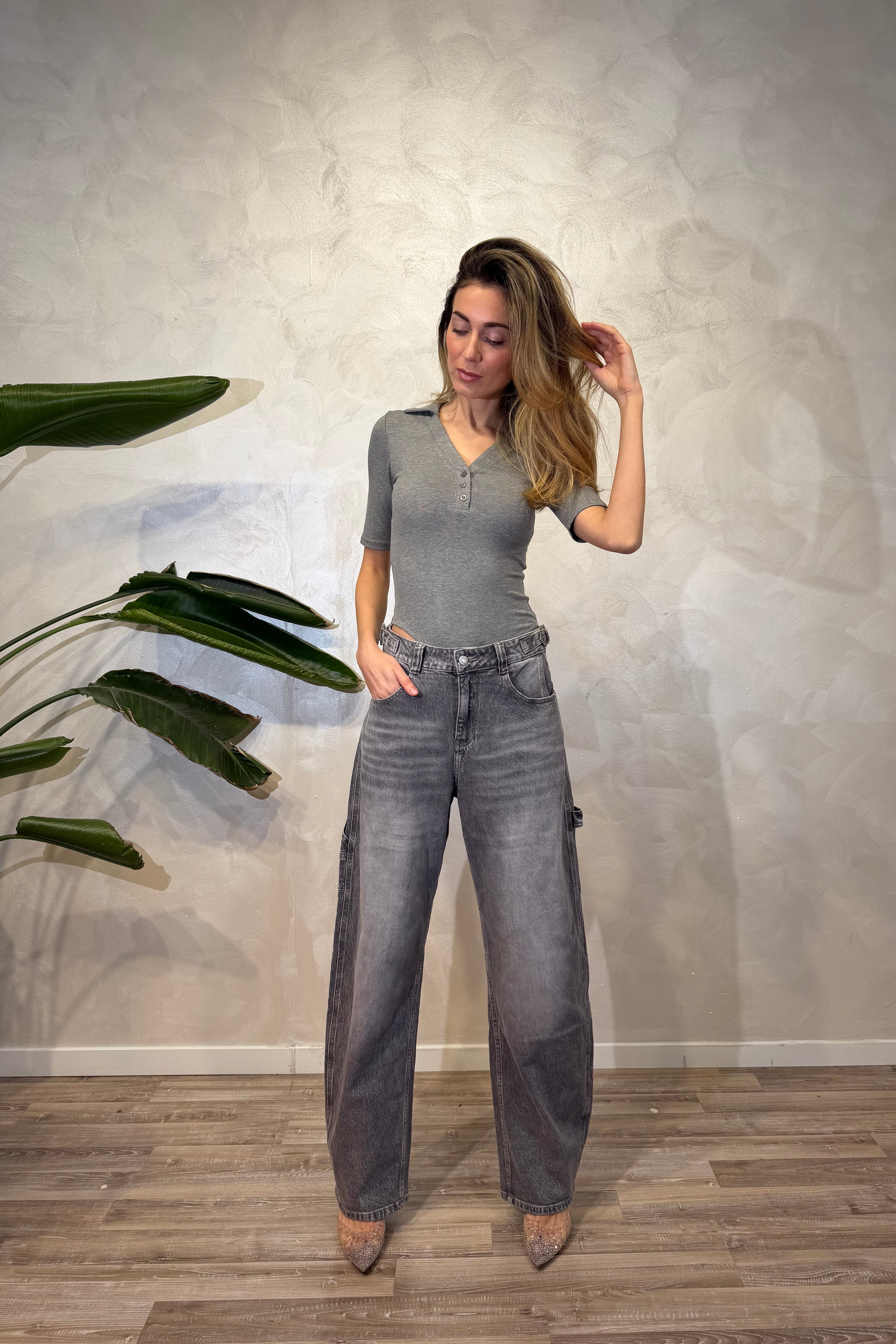 JEANS BALLOON WORKER CON BAFFATURE DECOLORATE COL. GRIGIO