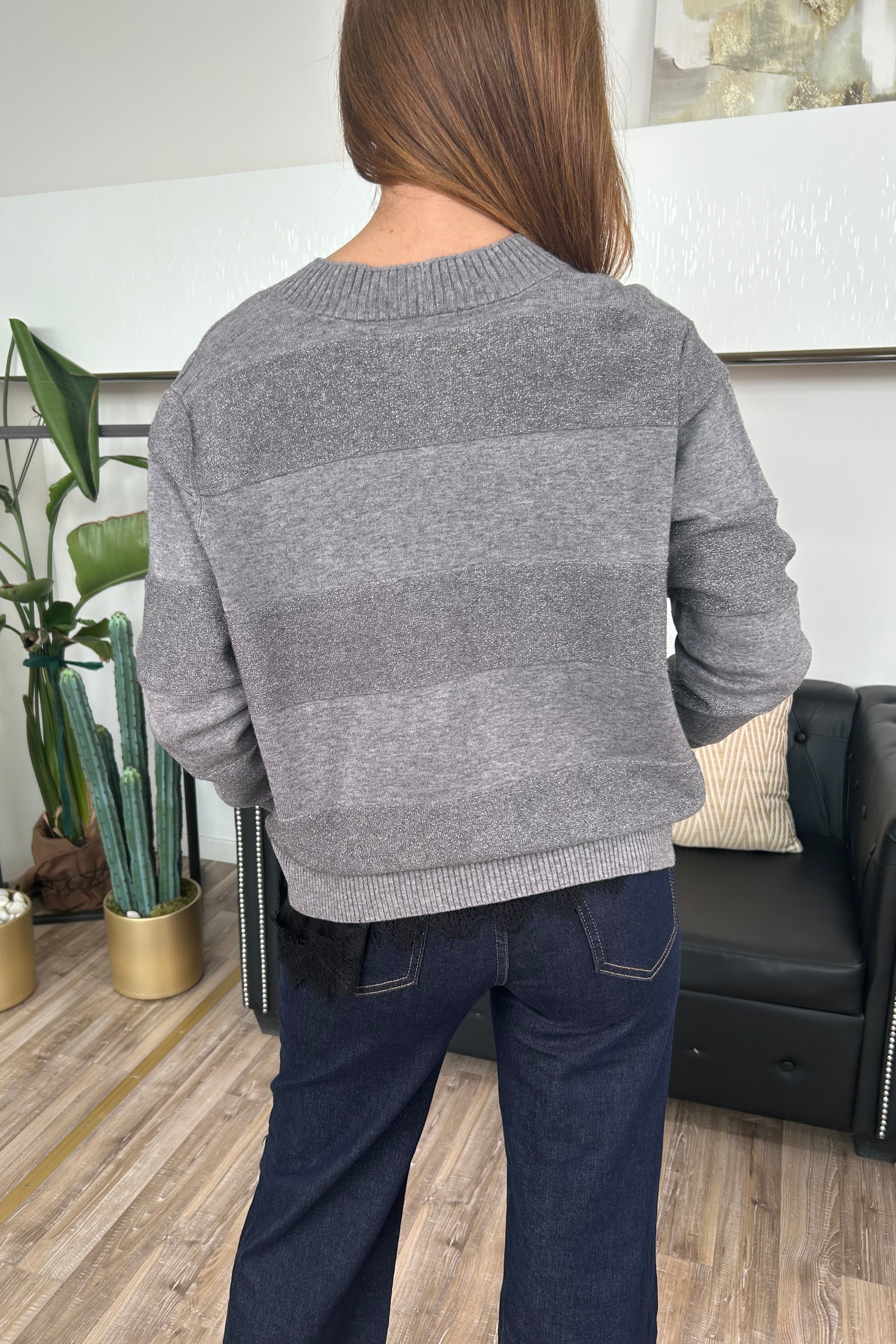 CARDIGAN CON RIGHE UNITE E LUREX SCOLLO A V COL GRIGIO