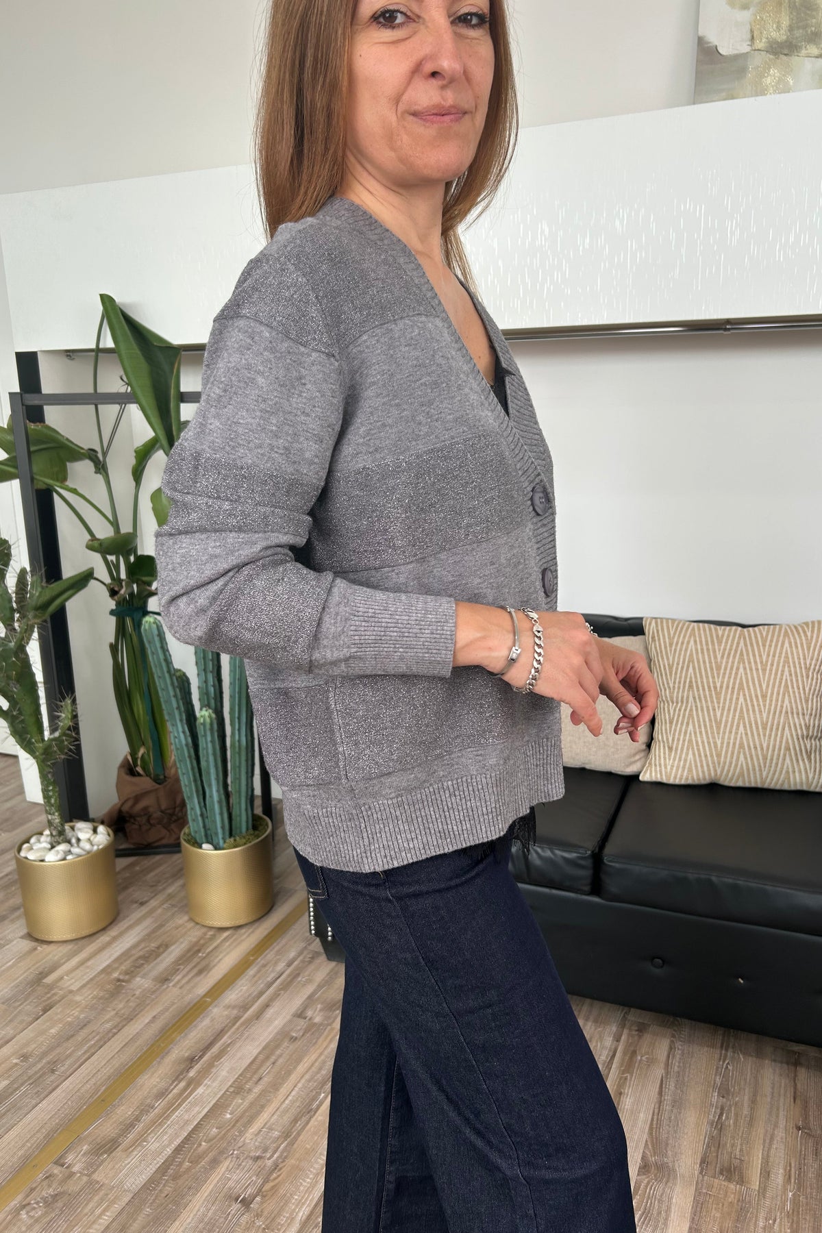 CARDIGAN CON RIGHE UNITE E LUREX SCOLLO A V COL GRIGIO
