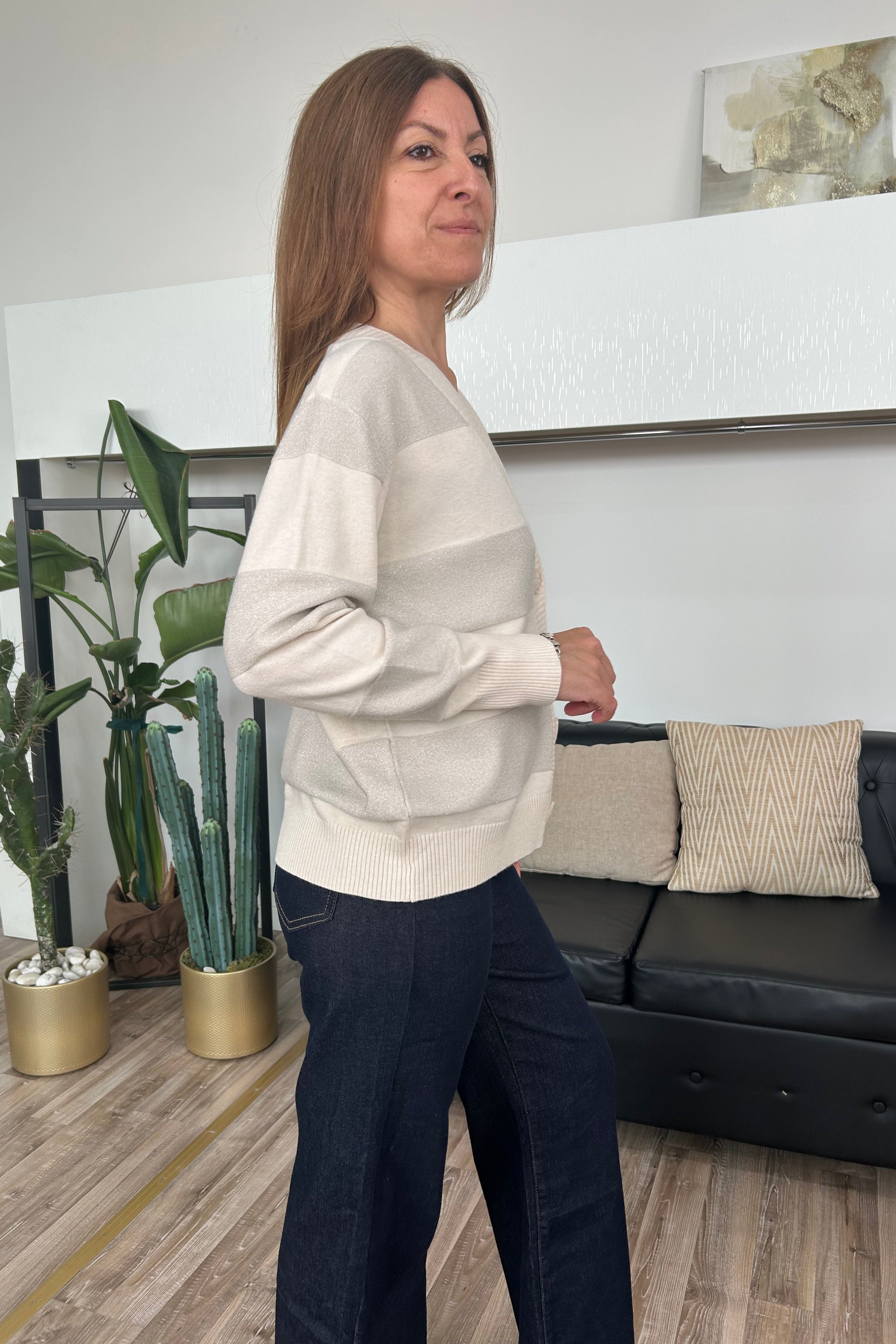 CARDIGAN CON RIGHE UNITE E LUREX SCOLLO A V COL PANNA
