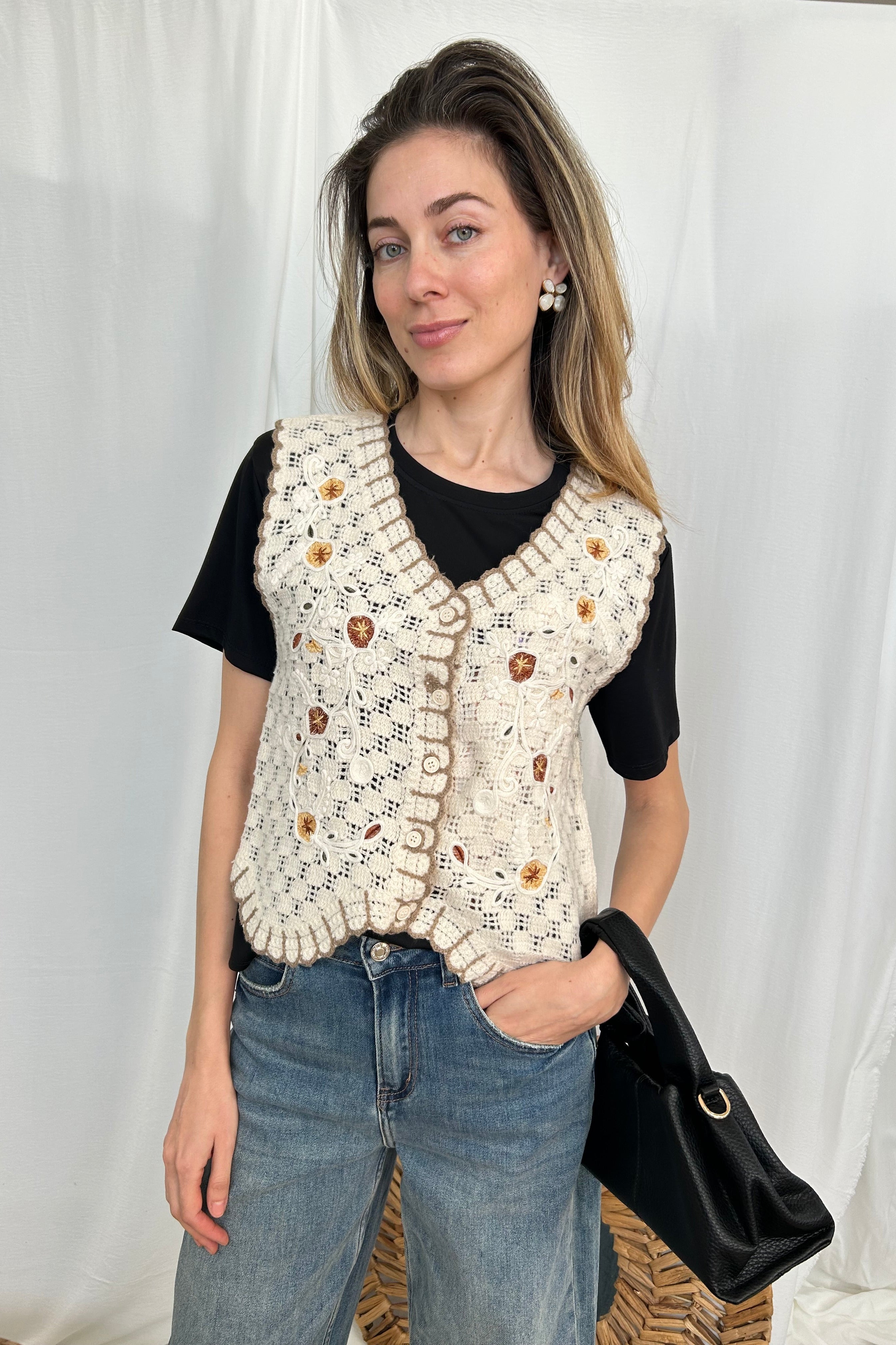 GILET CROCHET RICAMATO COL. NATURALE