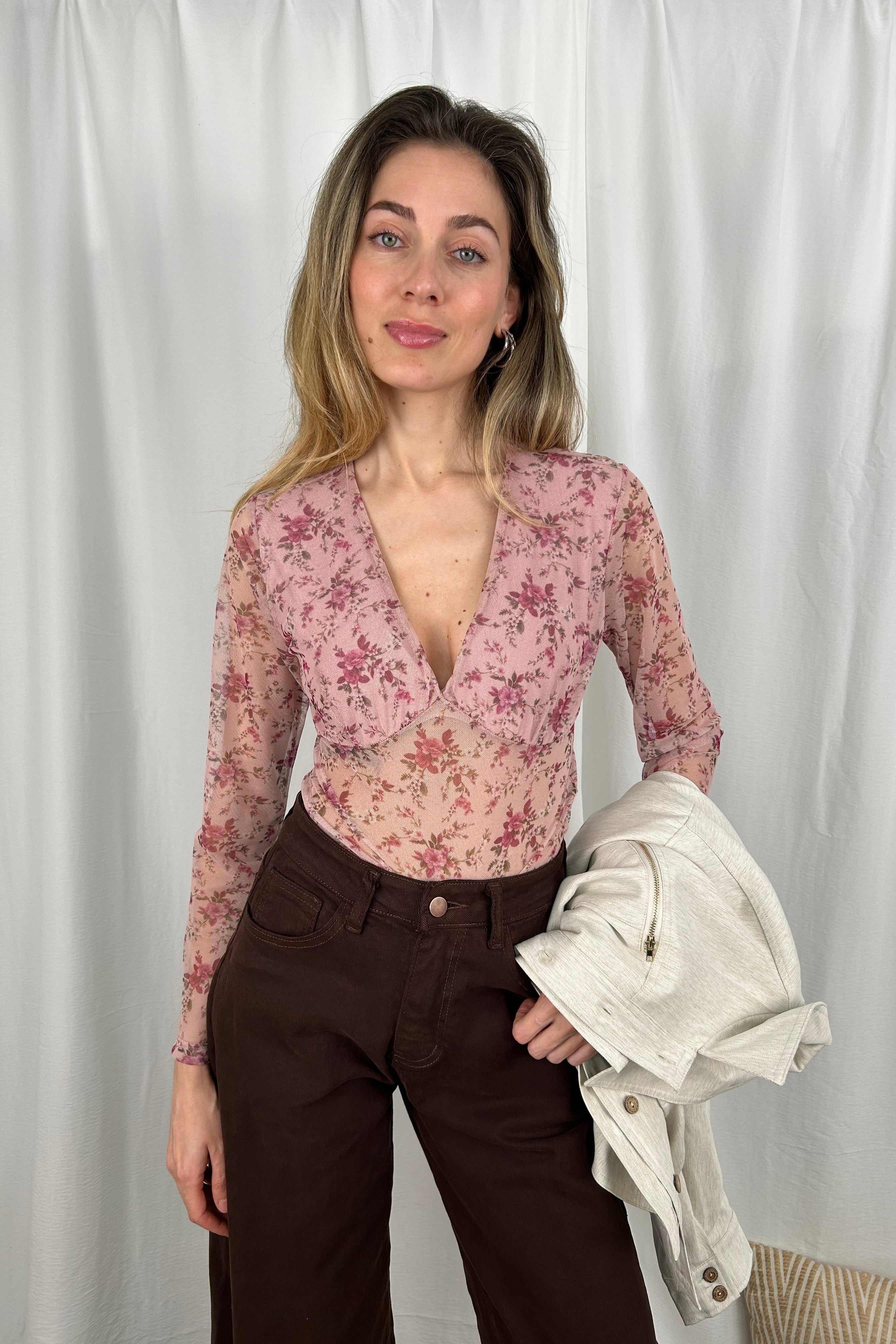BLUSA IN TULLE FLOREALE SEMITRASPARENTE COL. ROSA