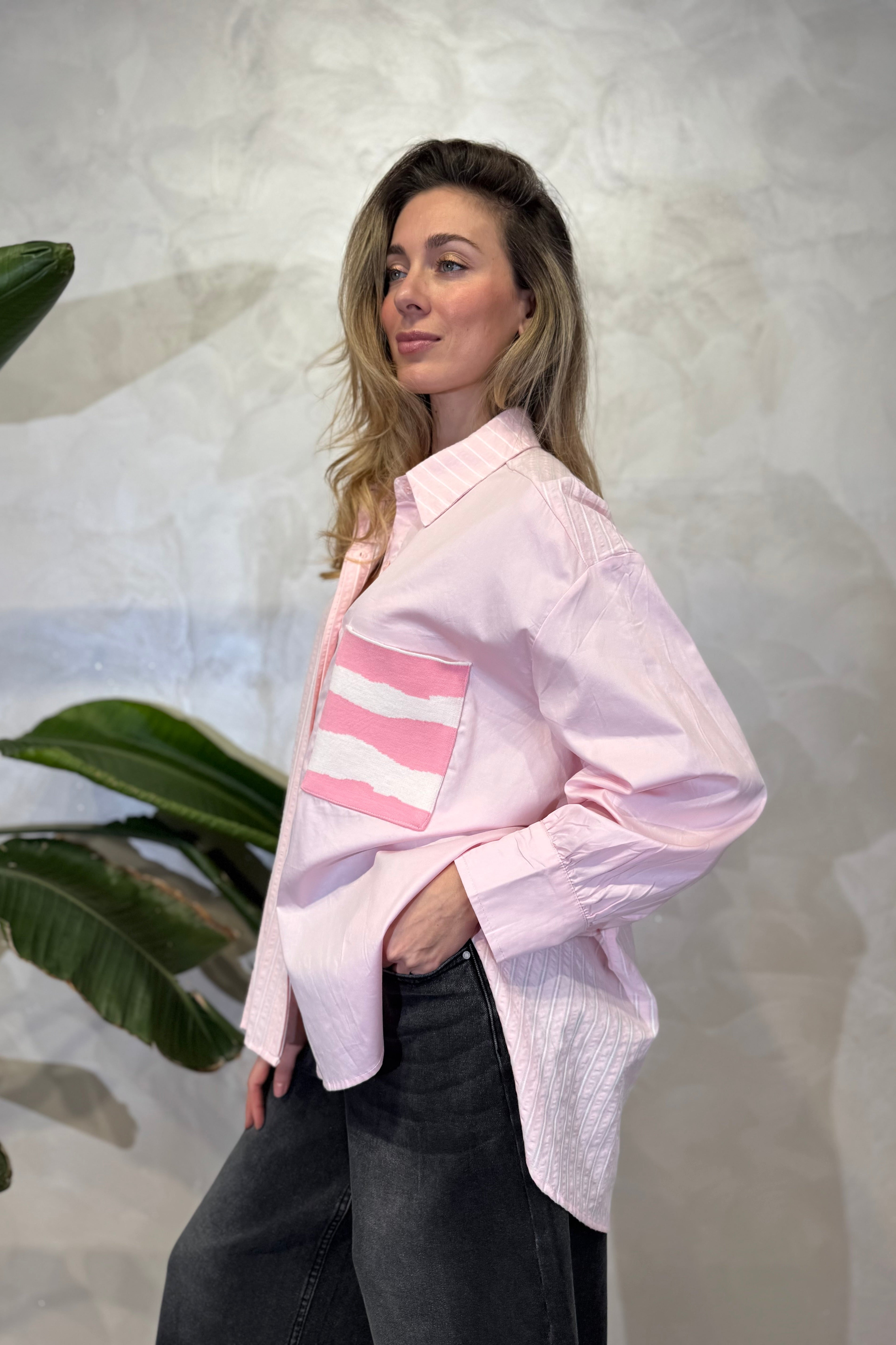 CAMICIA PATCHWORK CON RIGHE E UNITO COL. ROSA