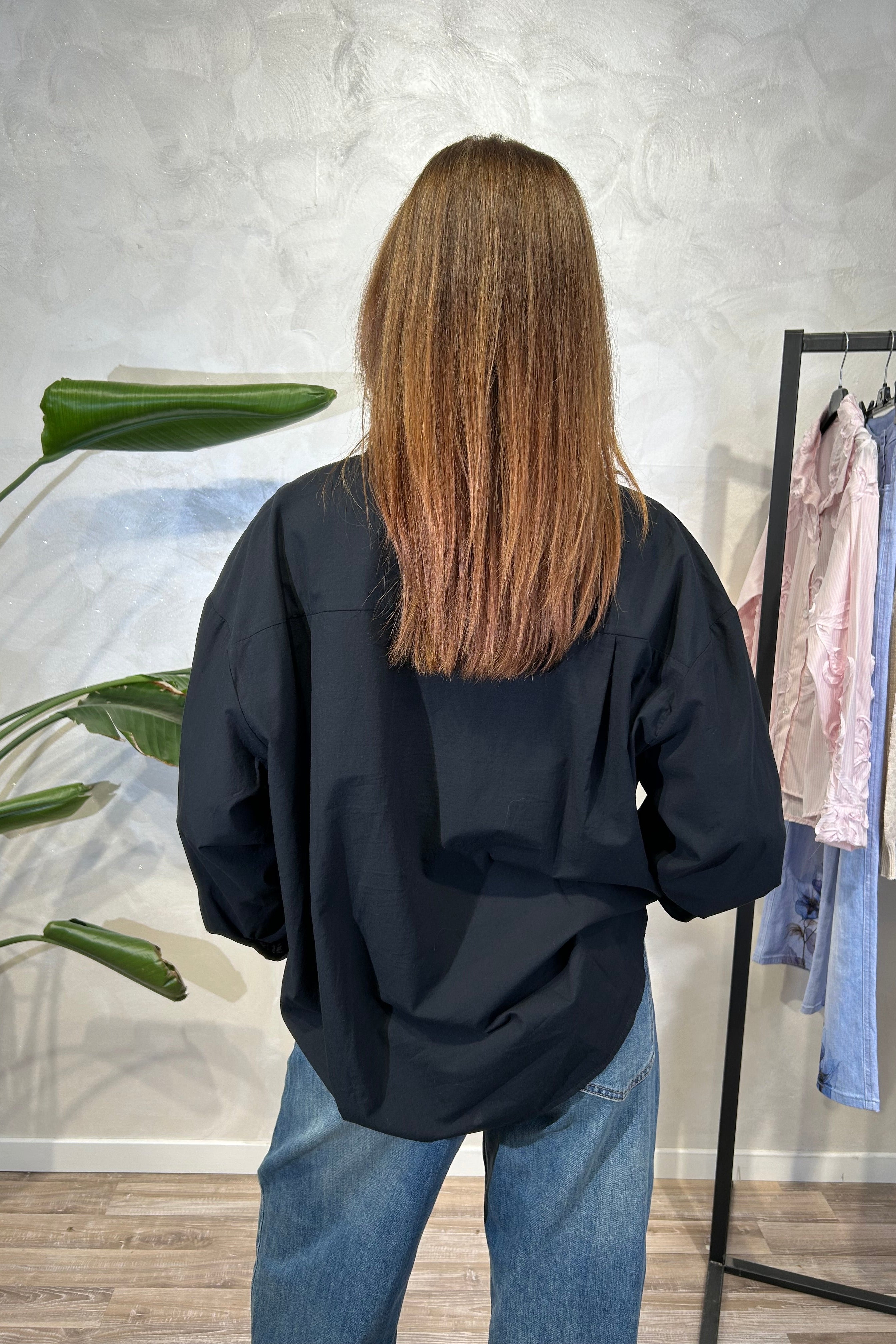CAMICIA IN COTONE CON RICAMO A ROMBI IN PERLINE "BUGLE BEADS" COL.NERO