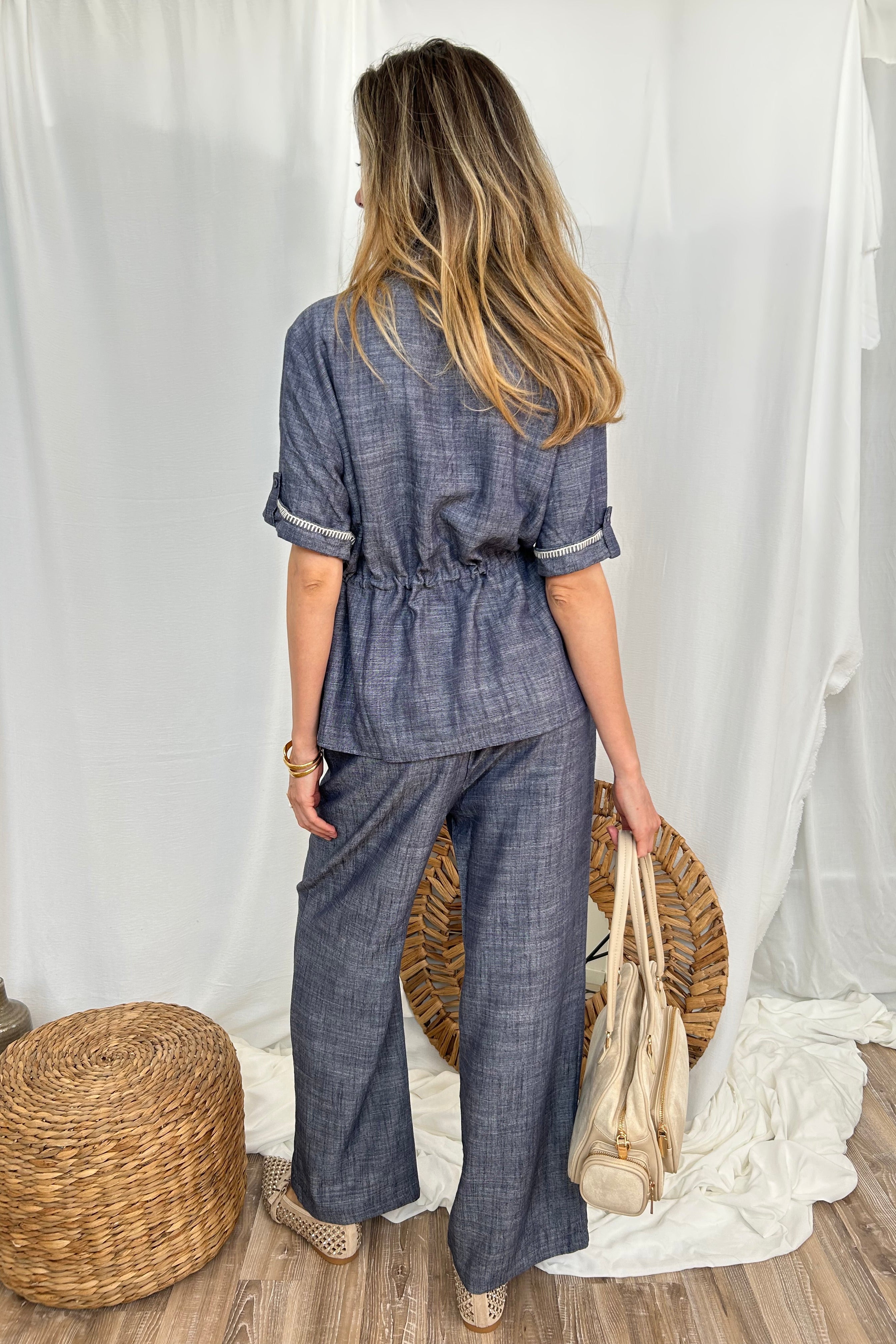 CAMICIA EFFETTO SAHARIANA CON RICAMO PUNTO CAVALLO COL. AZZURRO