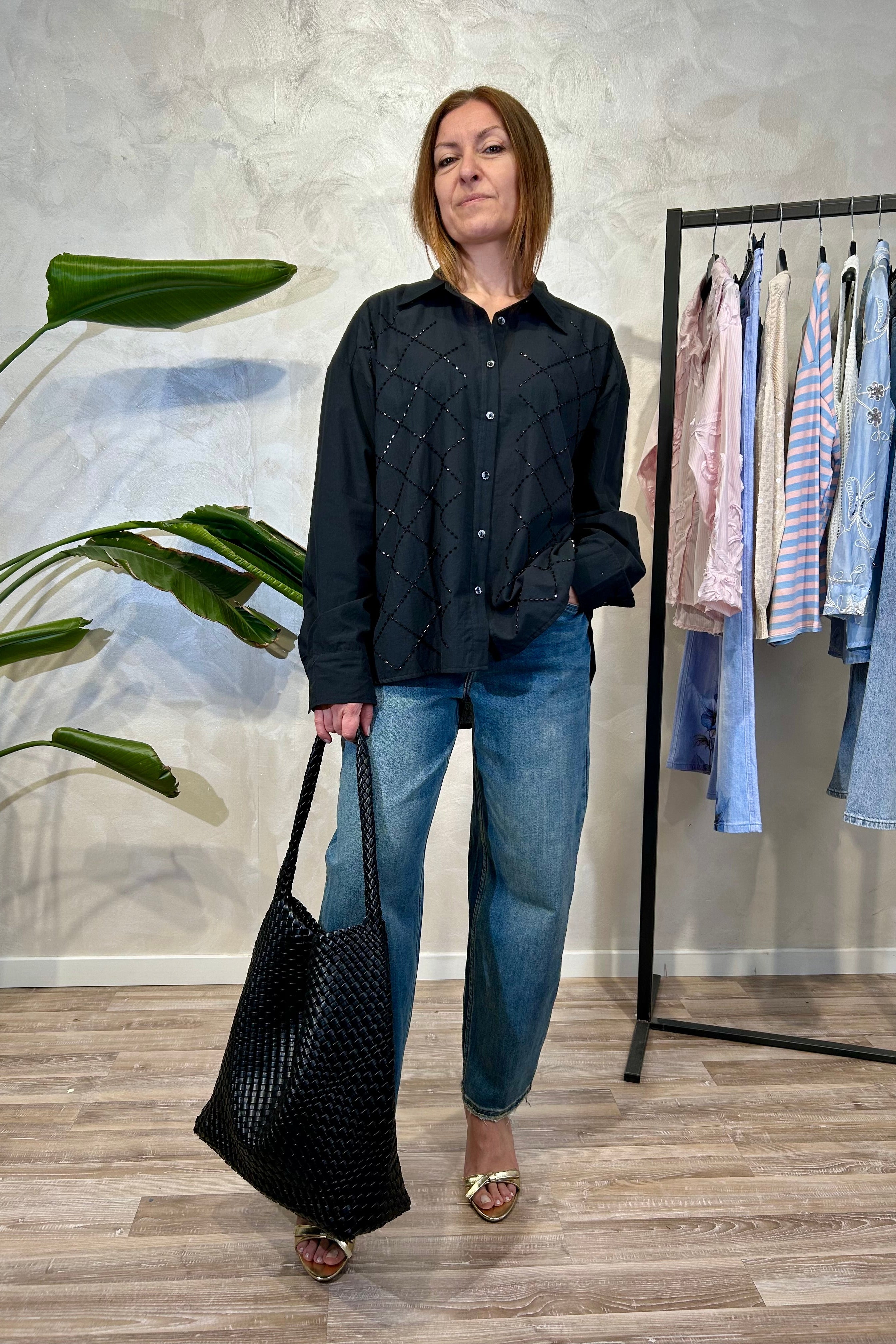 CAMICIA IN COTONE CON RICAMO A ROMBI IN PERLINE "BUGLE BEADS" COL.NERO