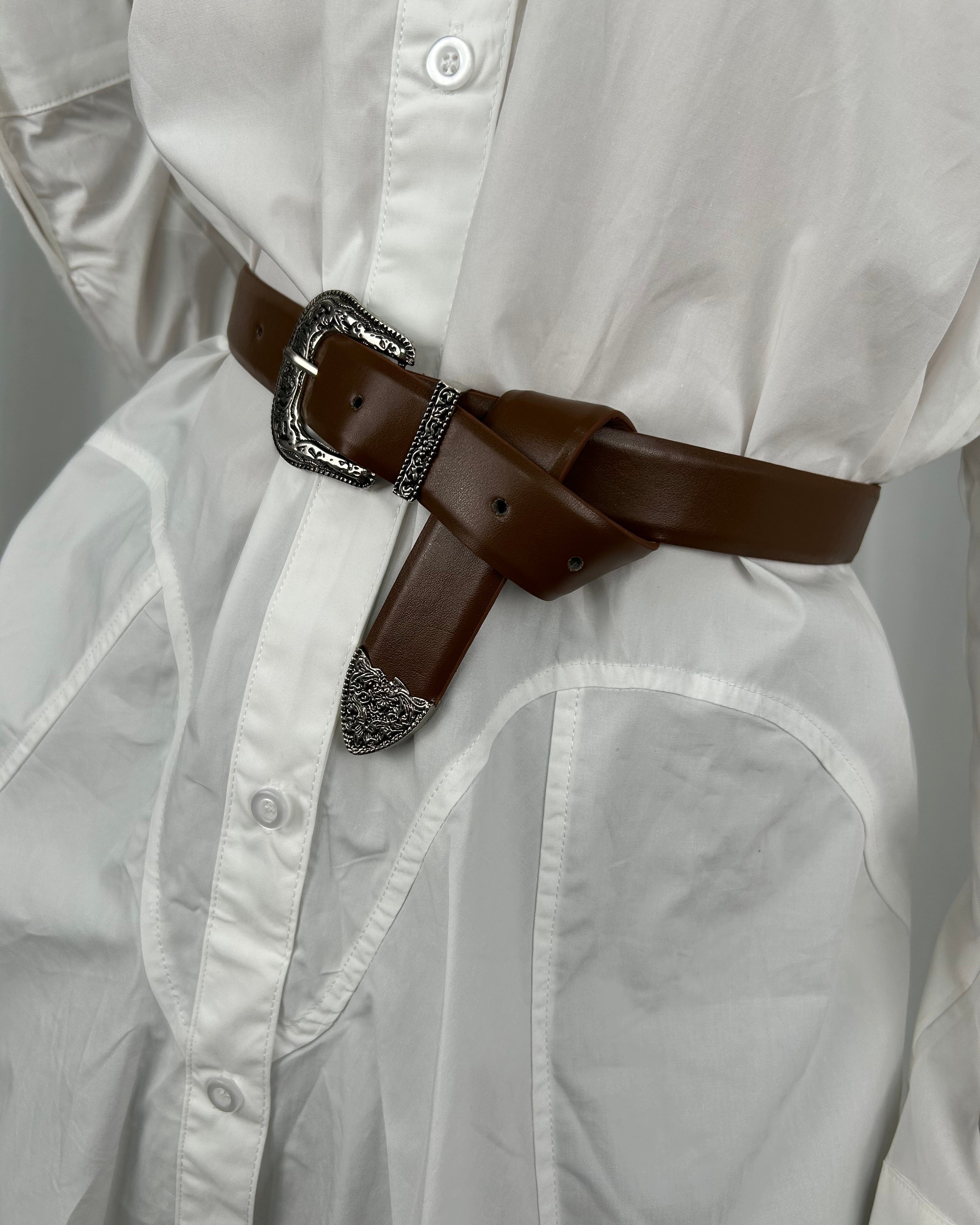 CAMICIA TUNICA ASIMMETRICA CON CINTURA RIFINITURE ARGENTO INCISE COL BIANCO