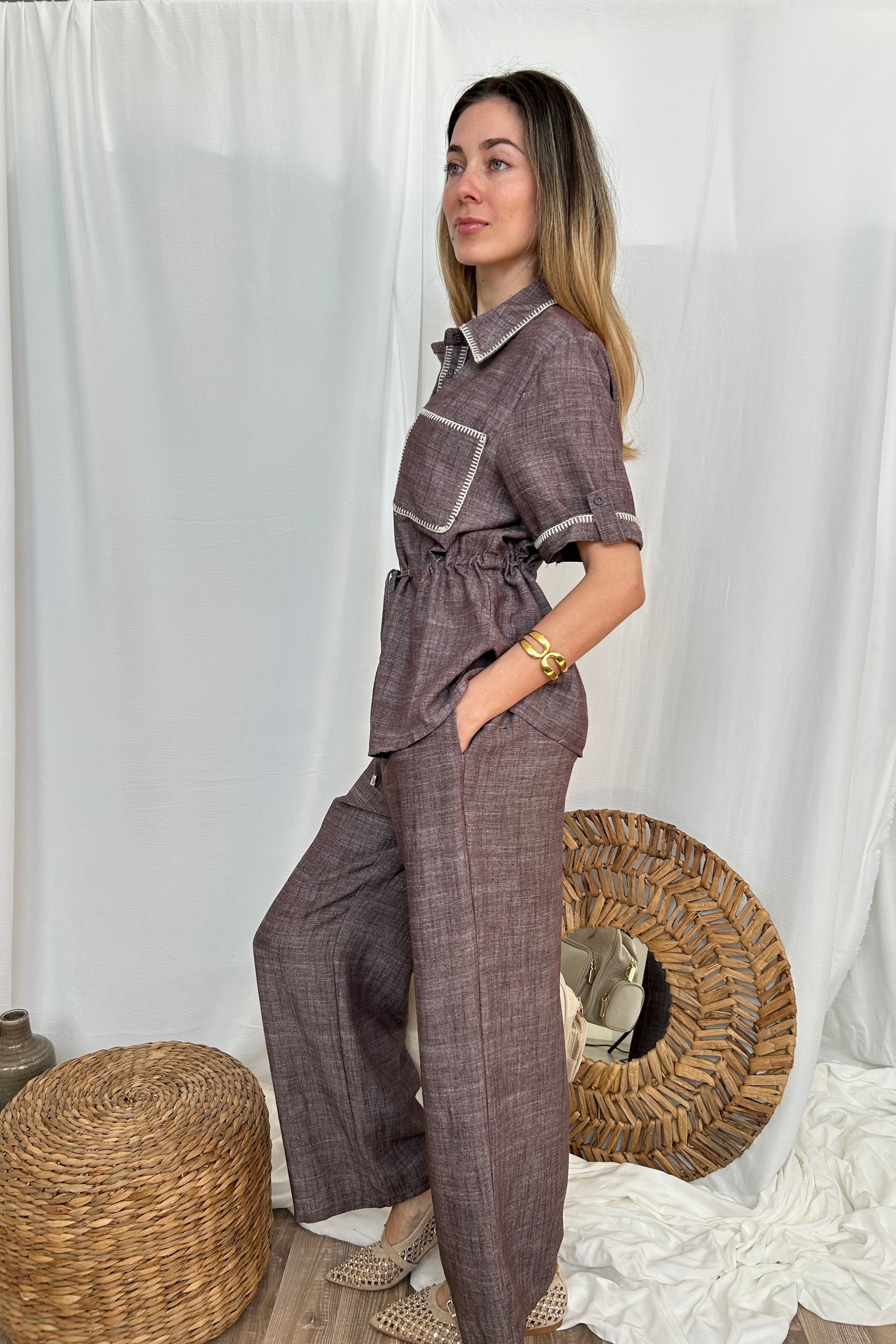 PANTALONE VITA ALTA GAMBA AMPIA CON DETTAGLIO RICAMO PUNTO CAVALLO COL.CAFFE'