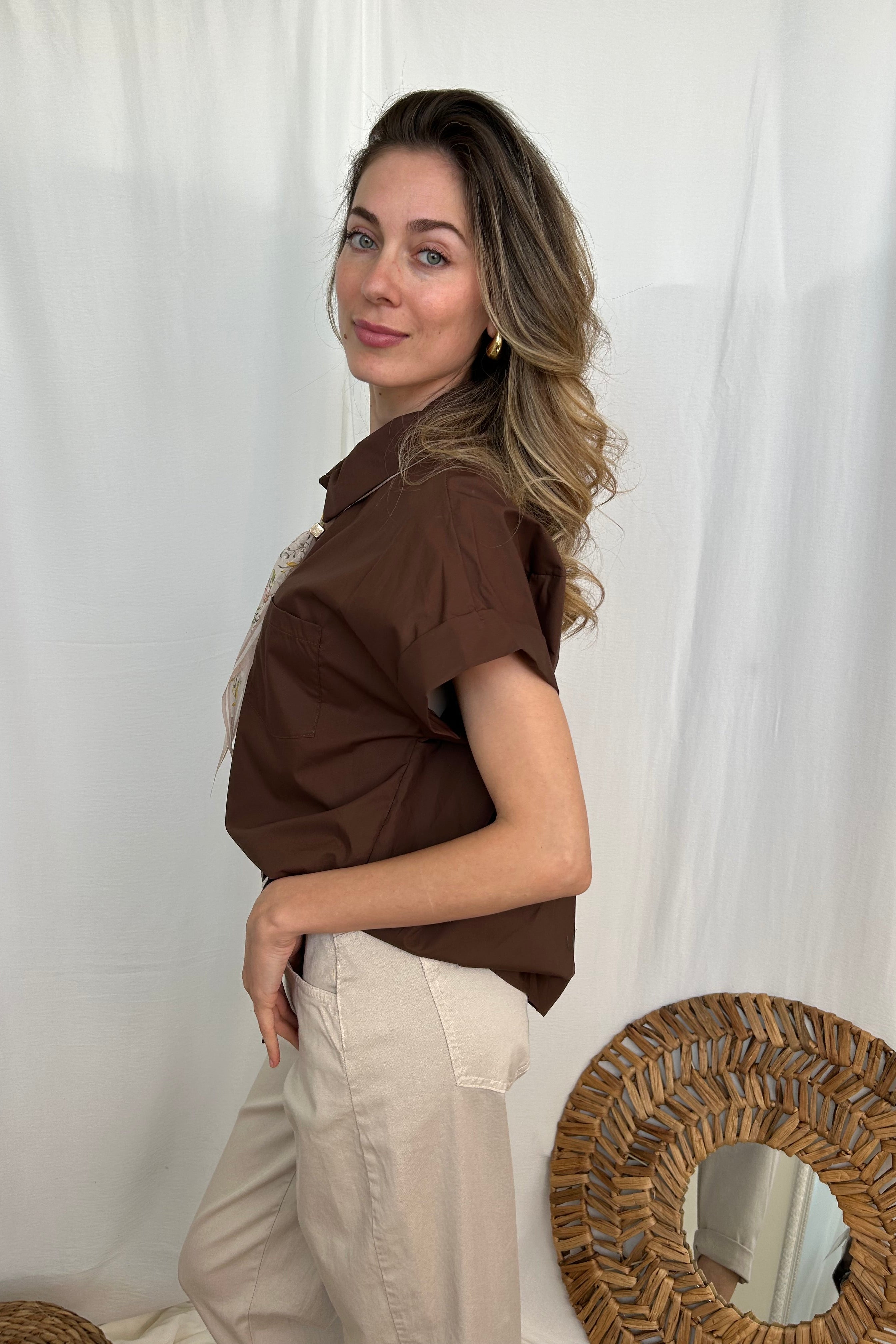CAMICIA MEZZA MANICA CON FOULARD COL.MORO