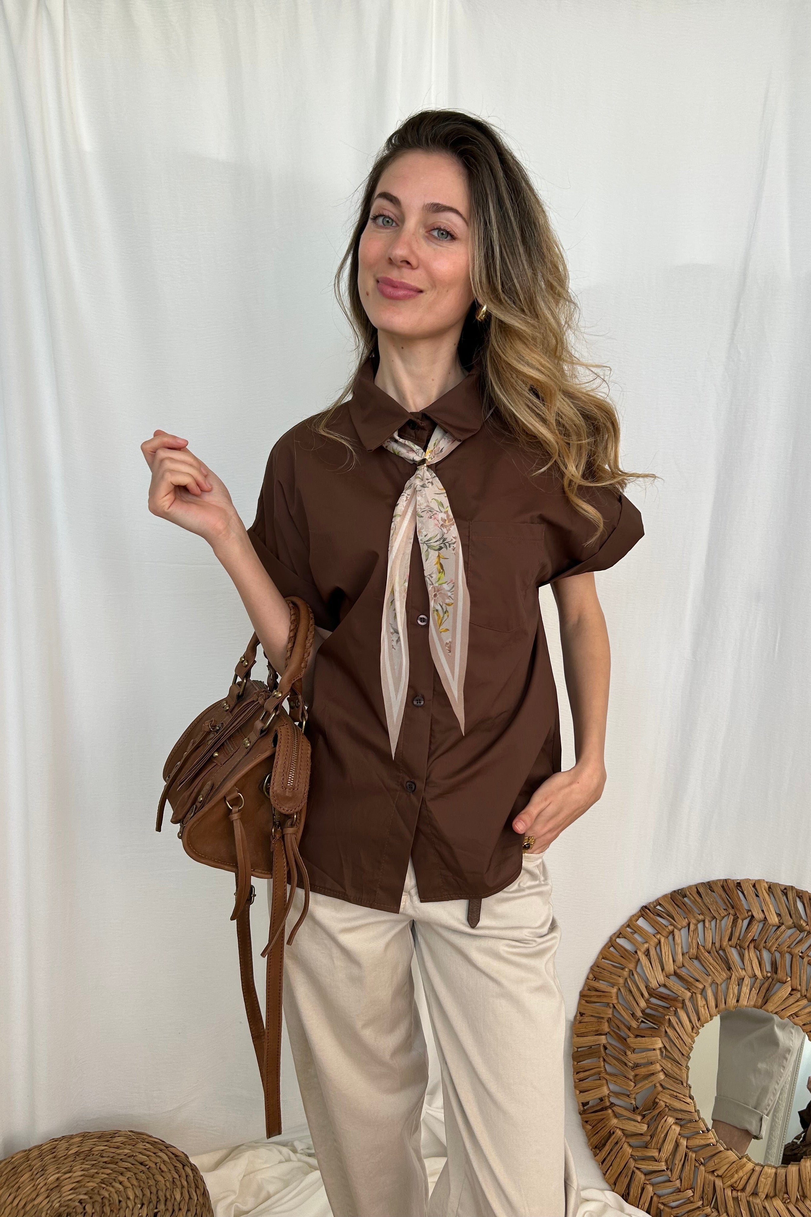 CAMICIA MEZZA MANICA CON FOULARD COL.MORO