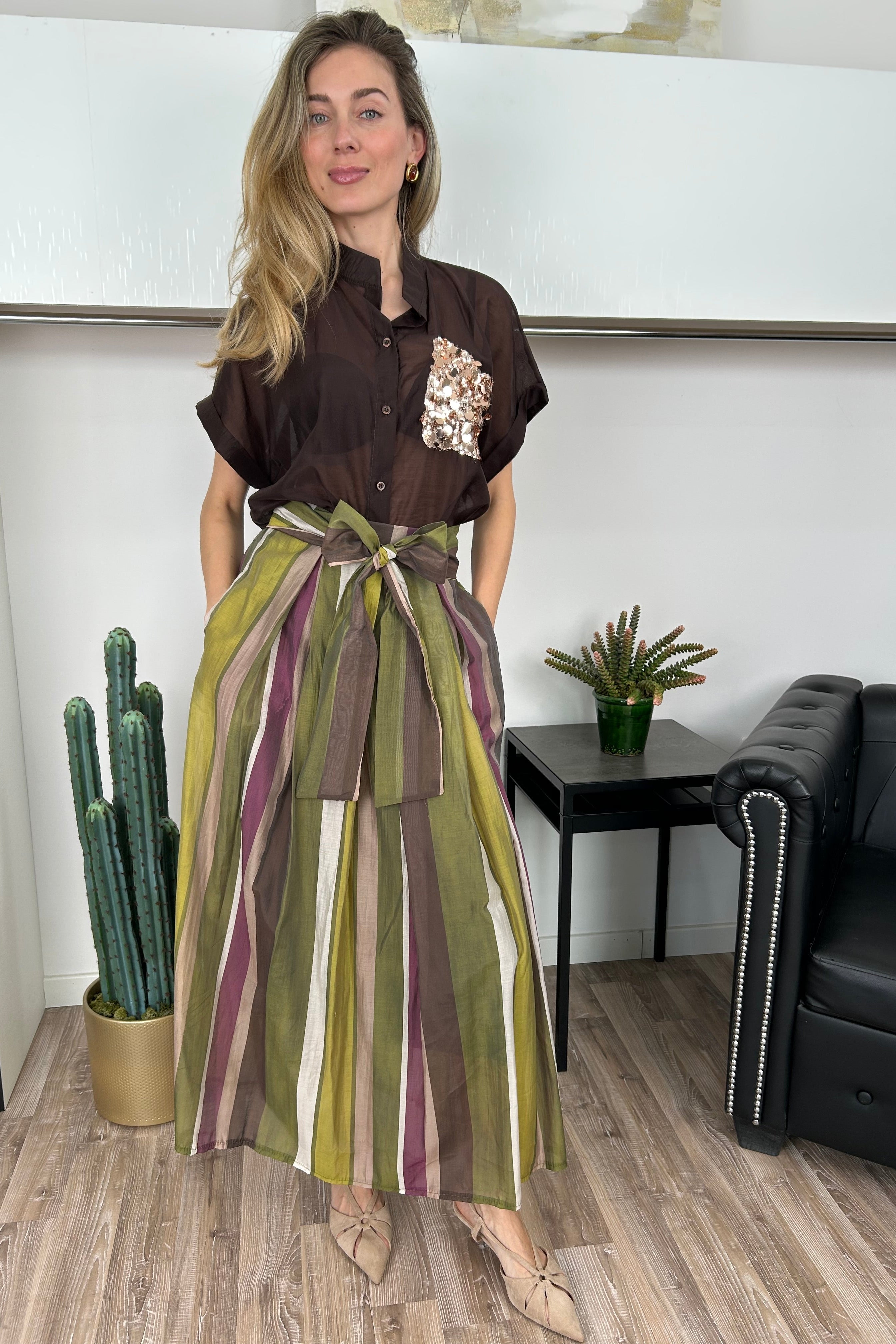 CAMICIA IN TENCEL SEMITRASPARENTE CON DETTAGLIO TASCA IN PAILLETTES COL CAFFE