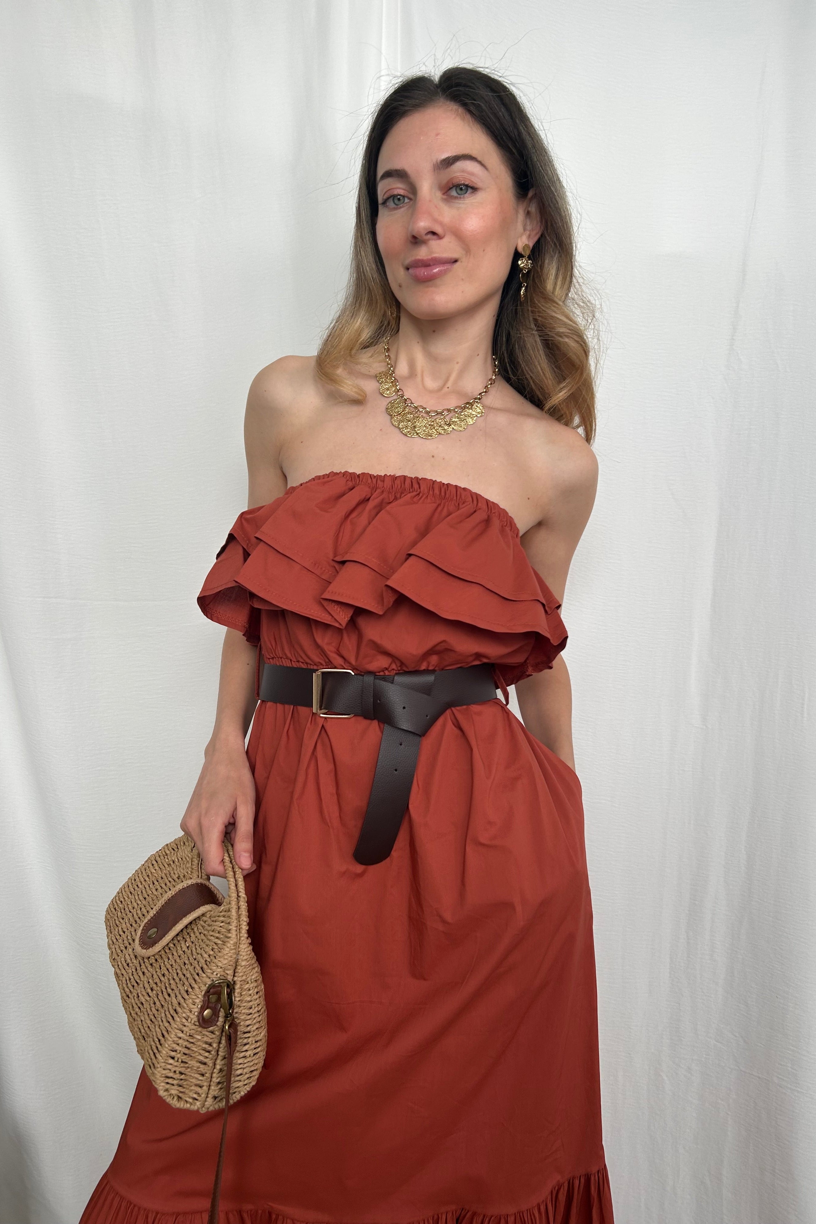 ABITO STRAPLESS CON VOLANT COL COCCIO