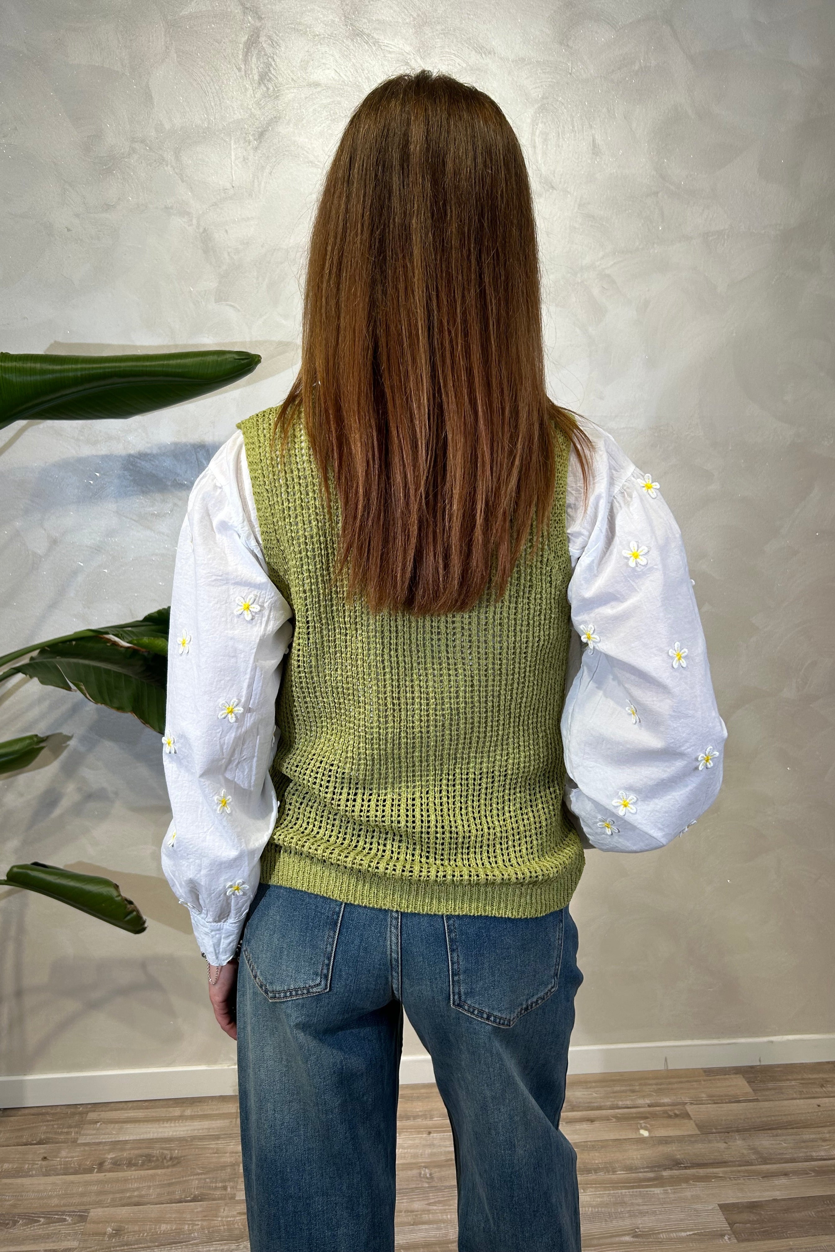 TOP SMANICATO IN MAGLIA SMACCHINATA CON MOTIVO A ROMBI COL.PISTACCHIO