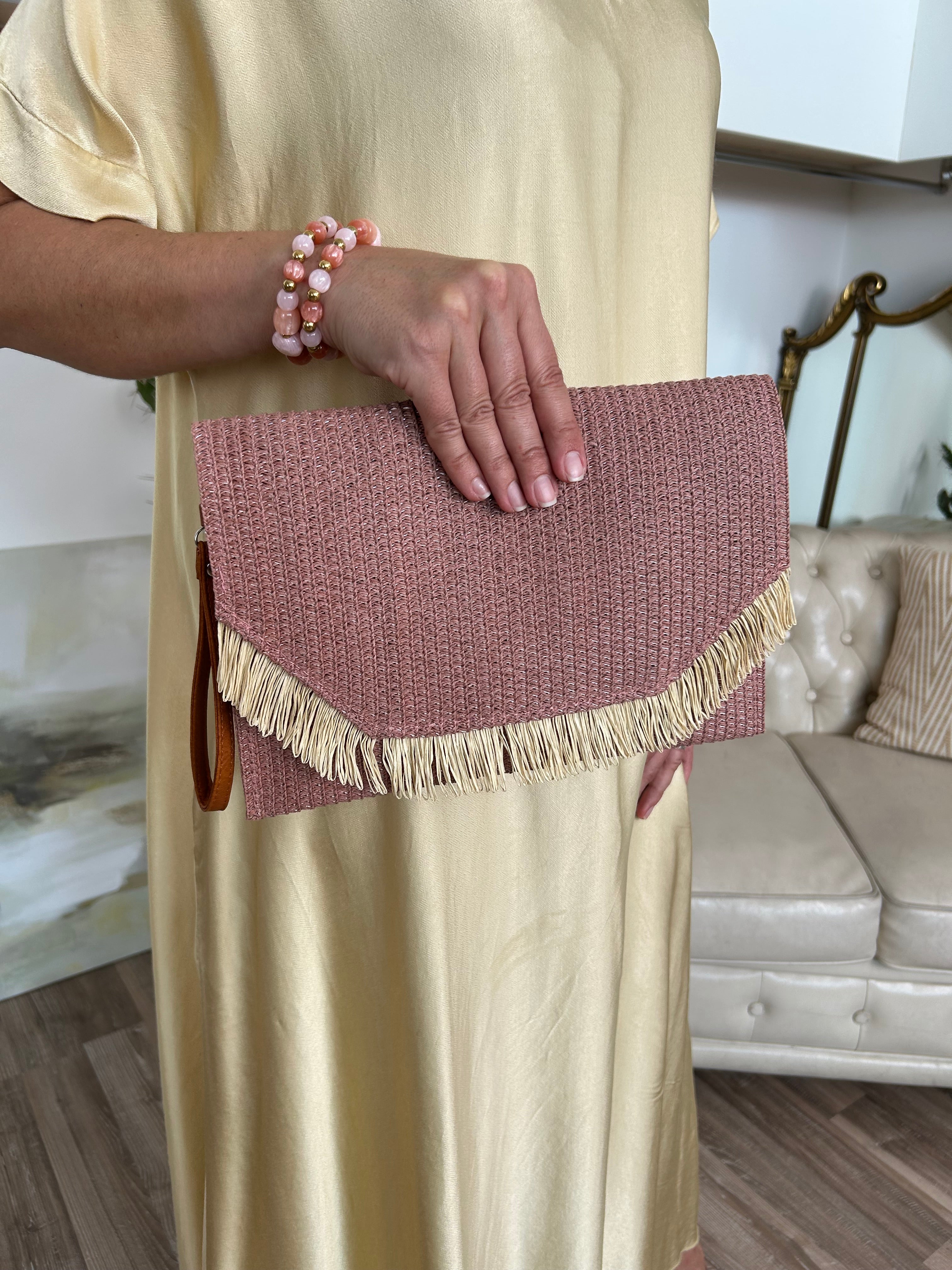 POCHETTE RAFIA FRANGE CON LACCIO ECOPELLE PER POLSO E TRACOLLA COL. CIPRIA