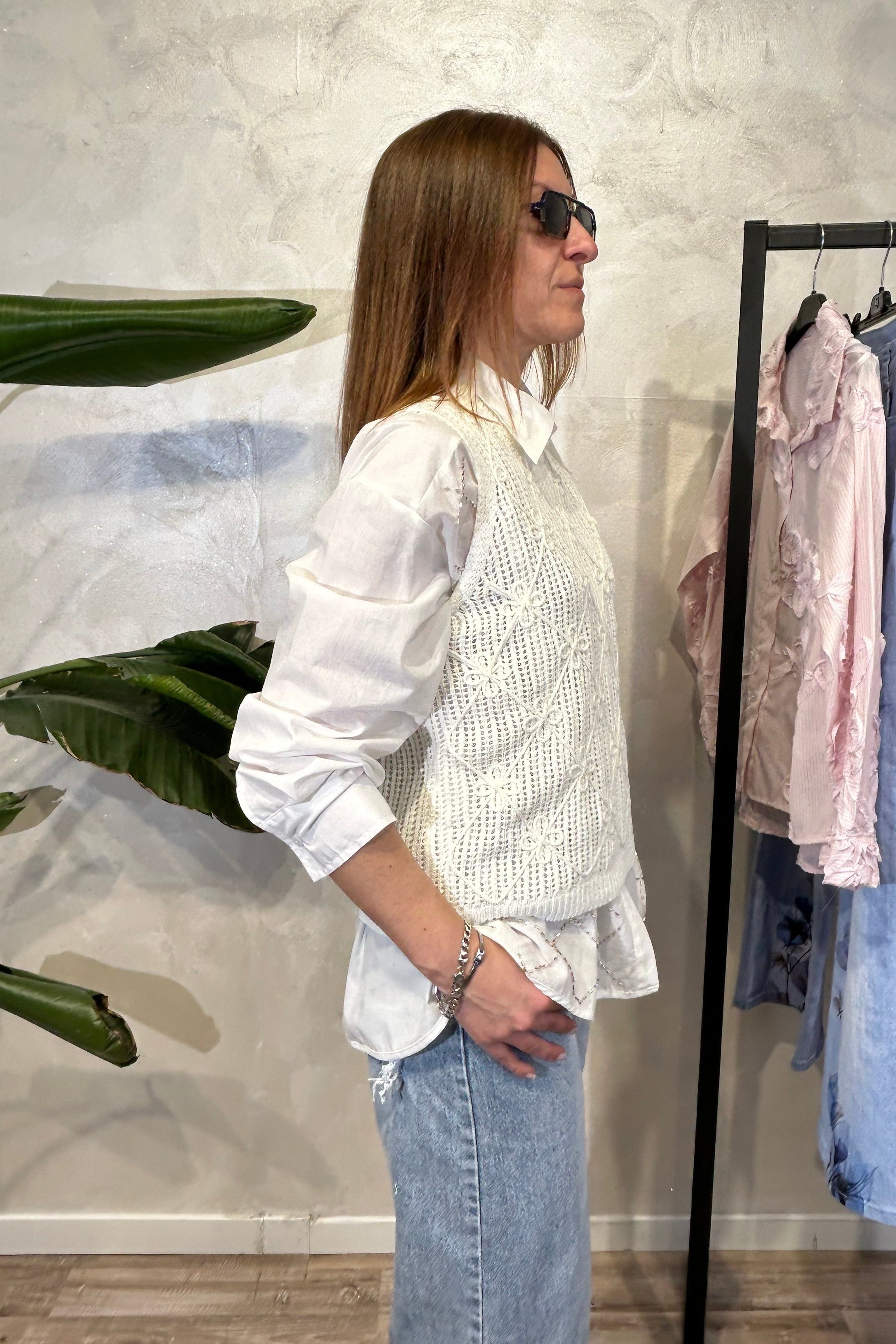 TOP SMANICATO IN MAGLIA SMACCHINATA CON MOTIVO A ROMBI COL.PANNA