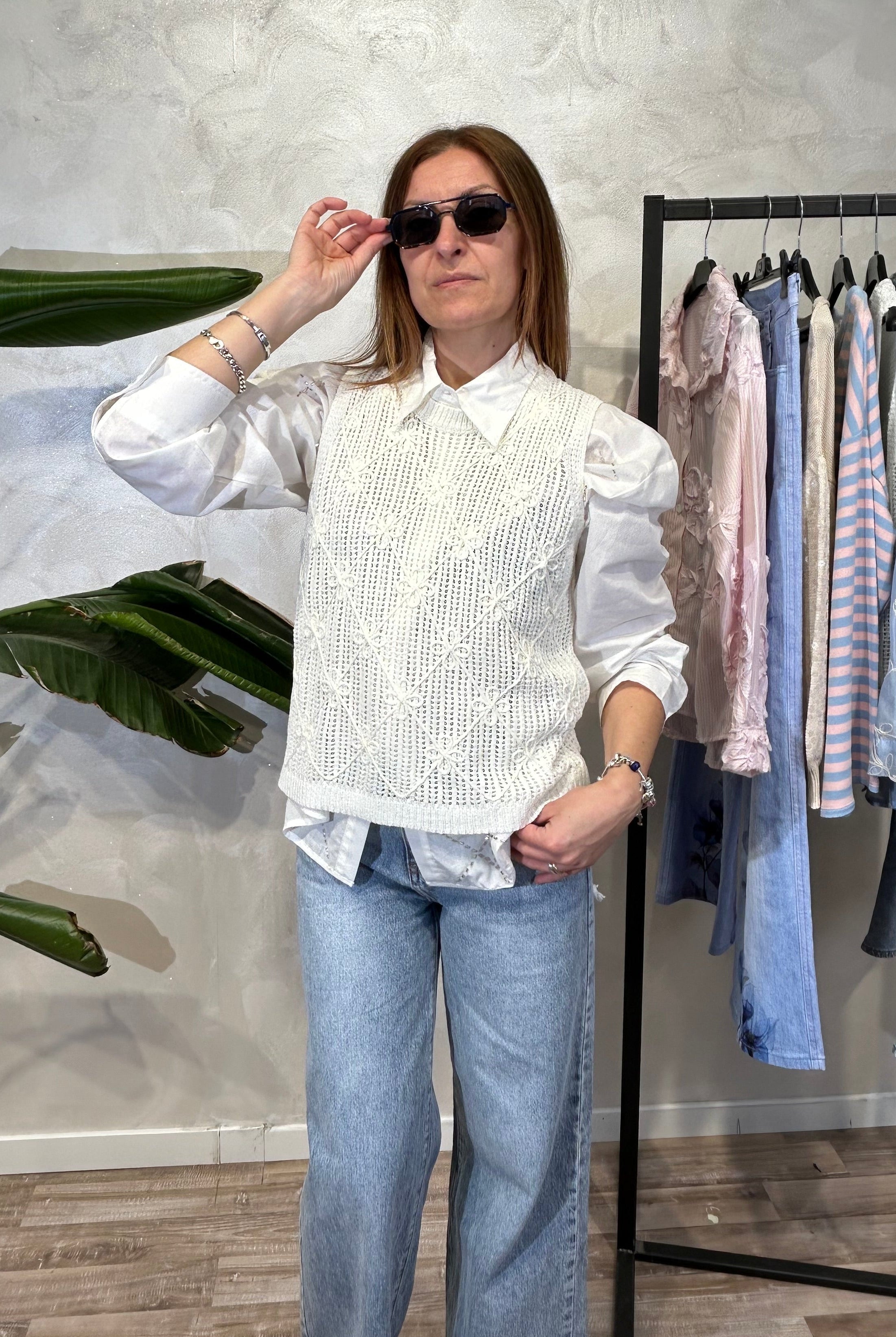 TOP SMANICATO IN MAGLIA SMACCHINATA CON MOTIVO A ROMBI COL.PANNA
