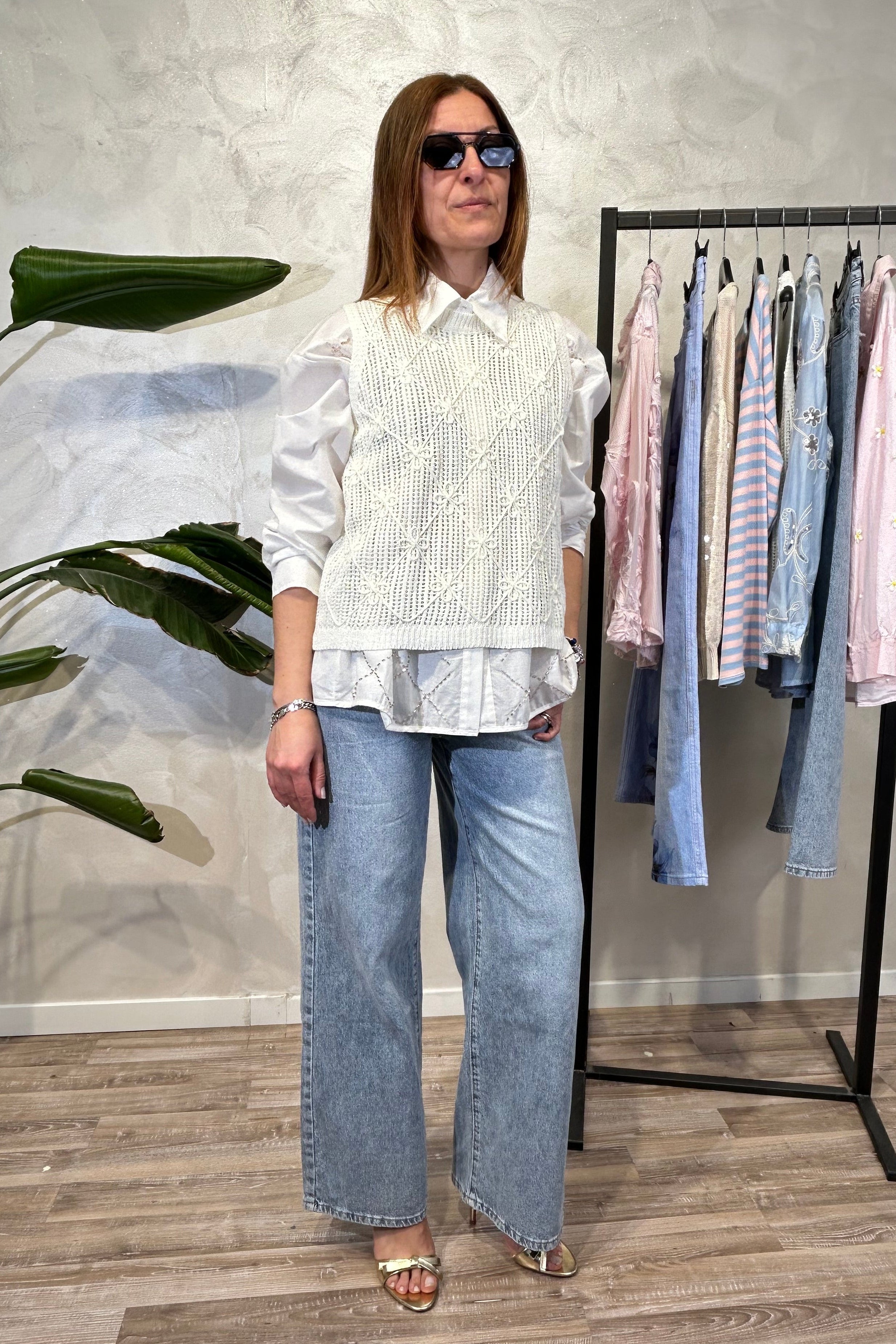 TOP SMANICATO IN MAGLIA SMACCHINATA CON MOTIVO A ROMBI COL.PANNA