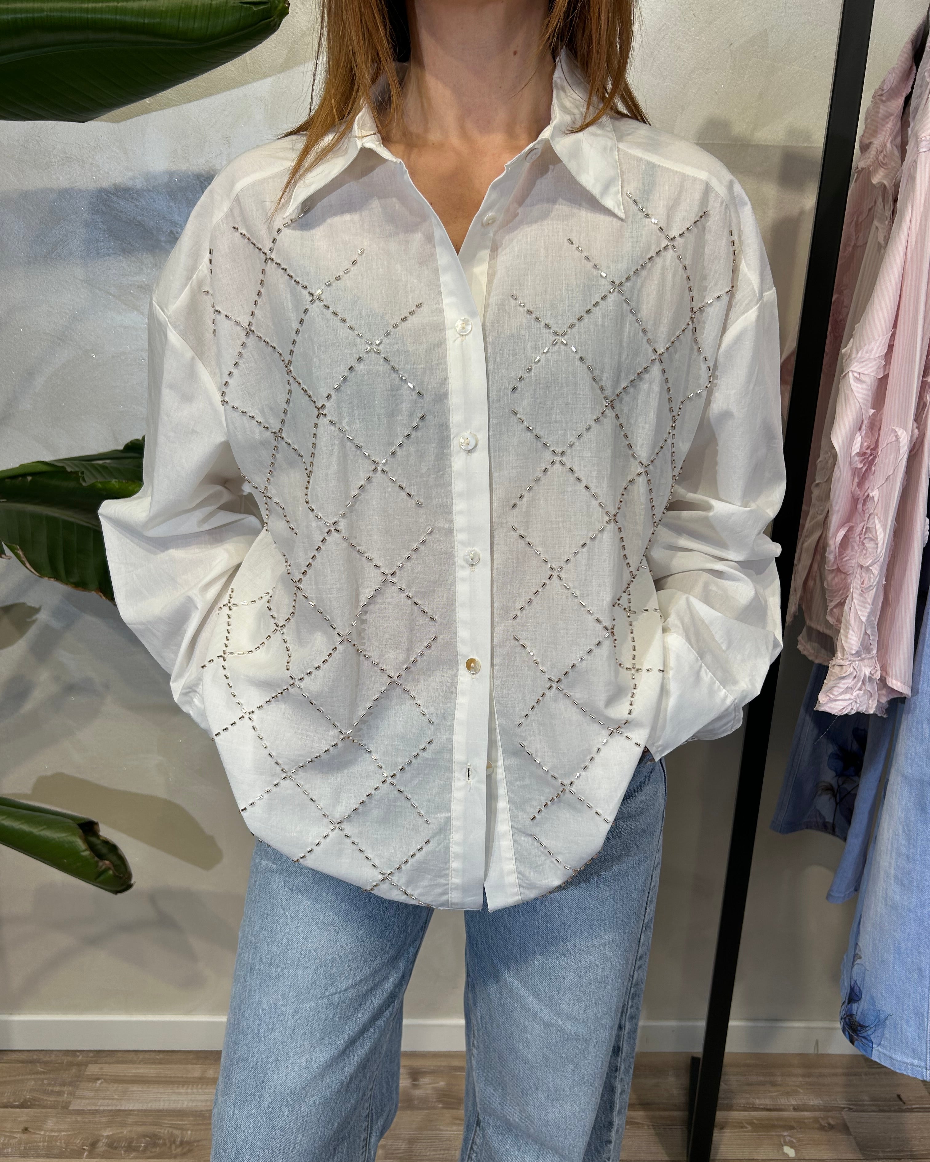 CAMICIA IN COTONE CON RICAMO A ROMBI IN PERLINE "BUGLE BEADS" COL.PANNA