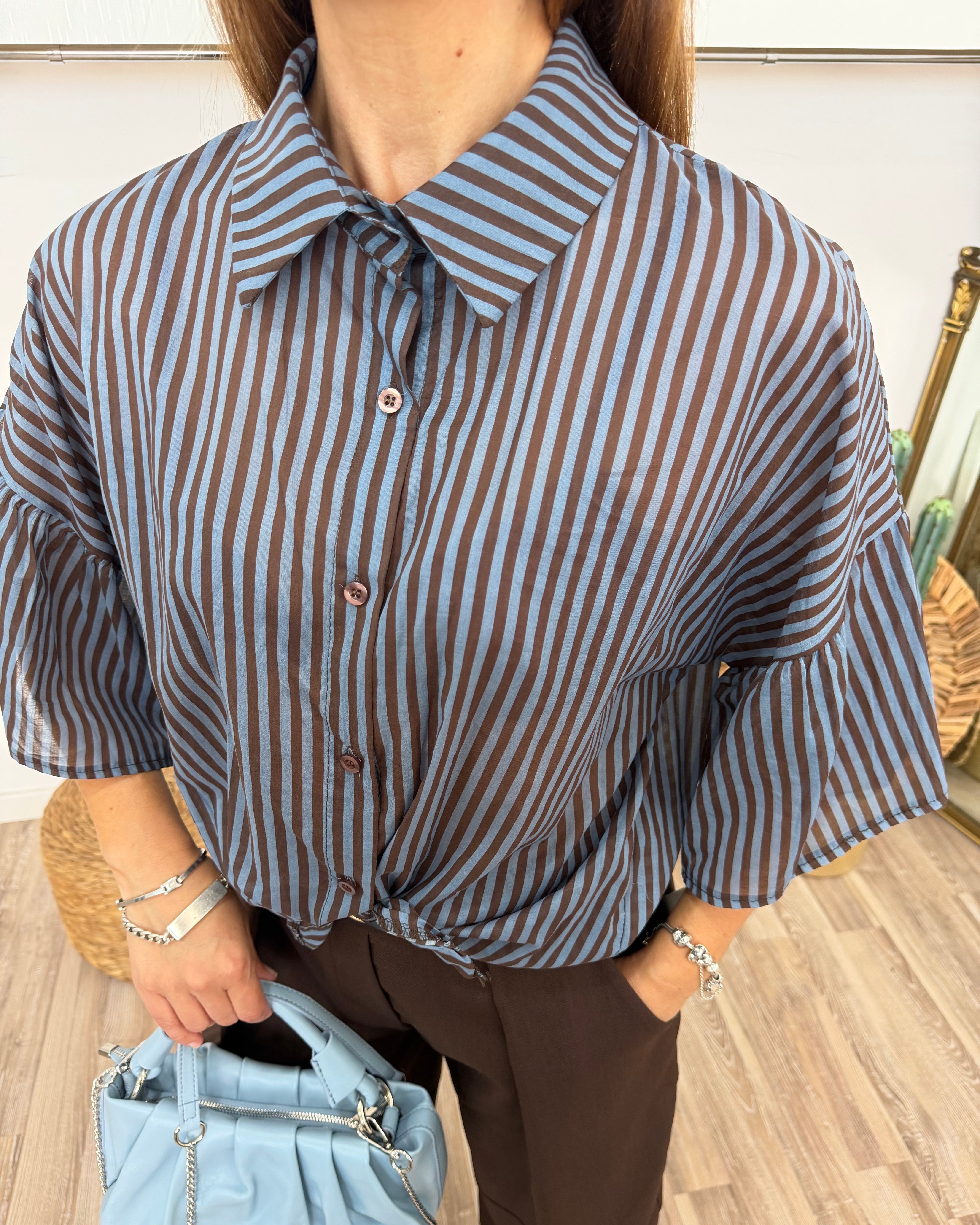 CAMICIA 100% COTONE SUPER FINE A RIGHE CON NODO FRONTALE COL. POLVERE