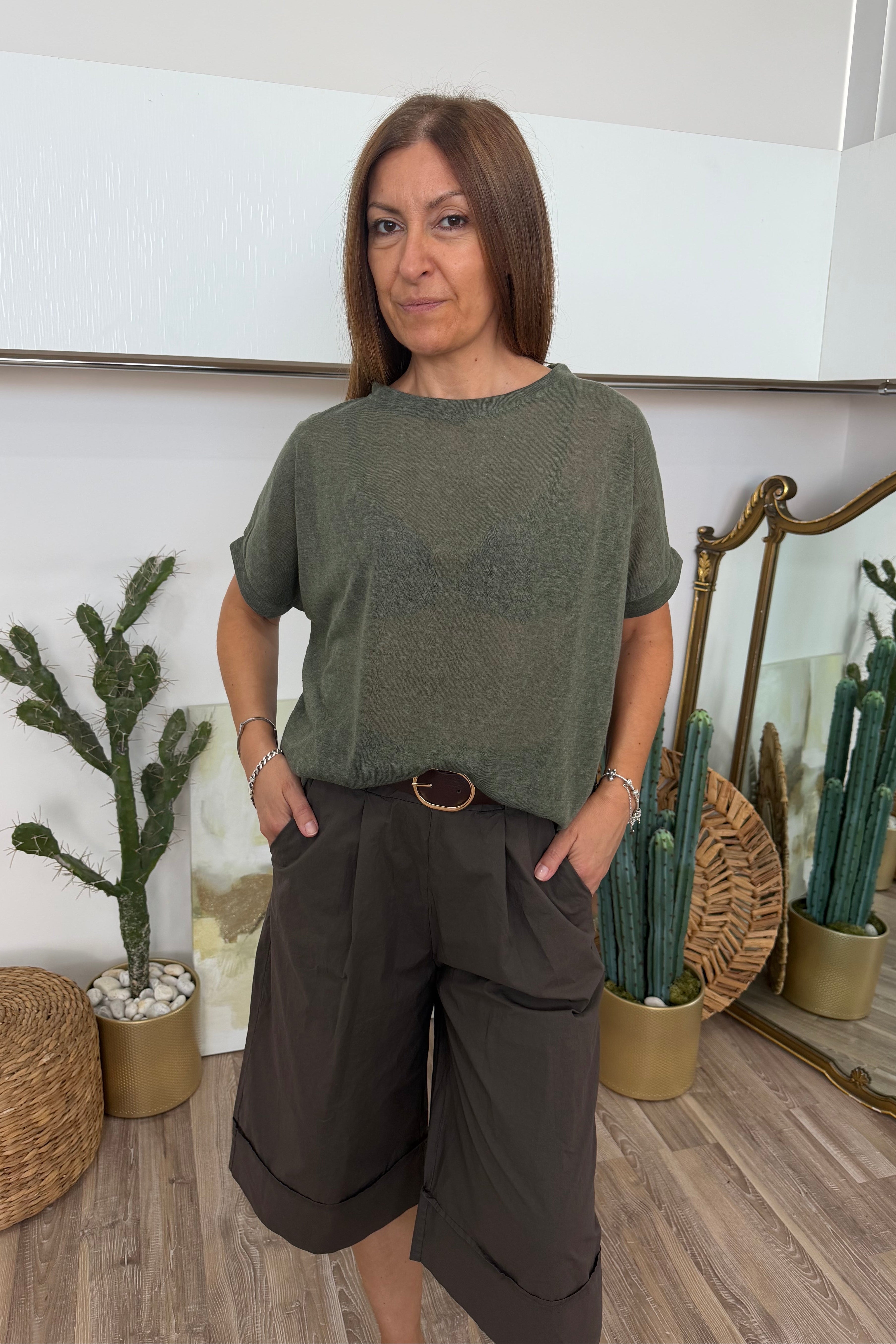 PANTALONE STILE CAPRI A PALAZZO CON CINTURA COL. CAFFE