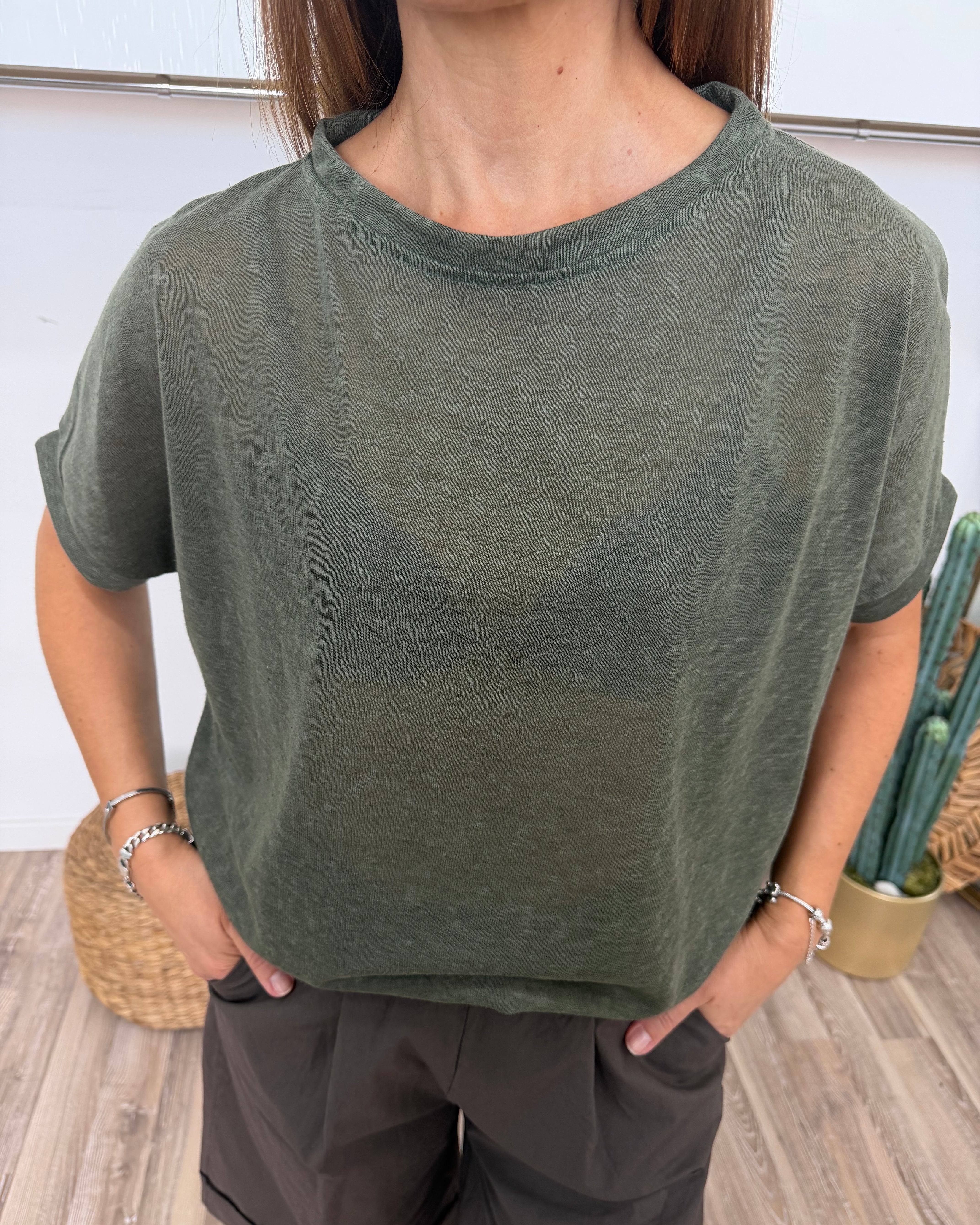 T-SHIRT OVER TESSUTO LEGGERO LINO-COTONE COL. VERDE MILITARE