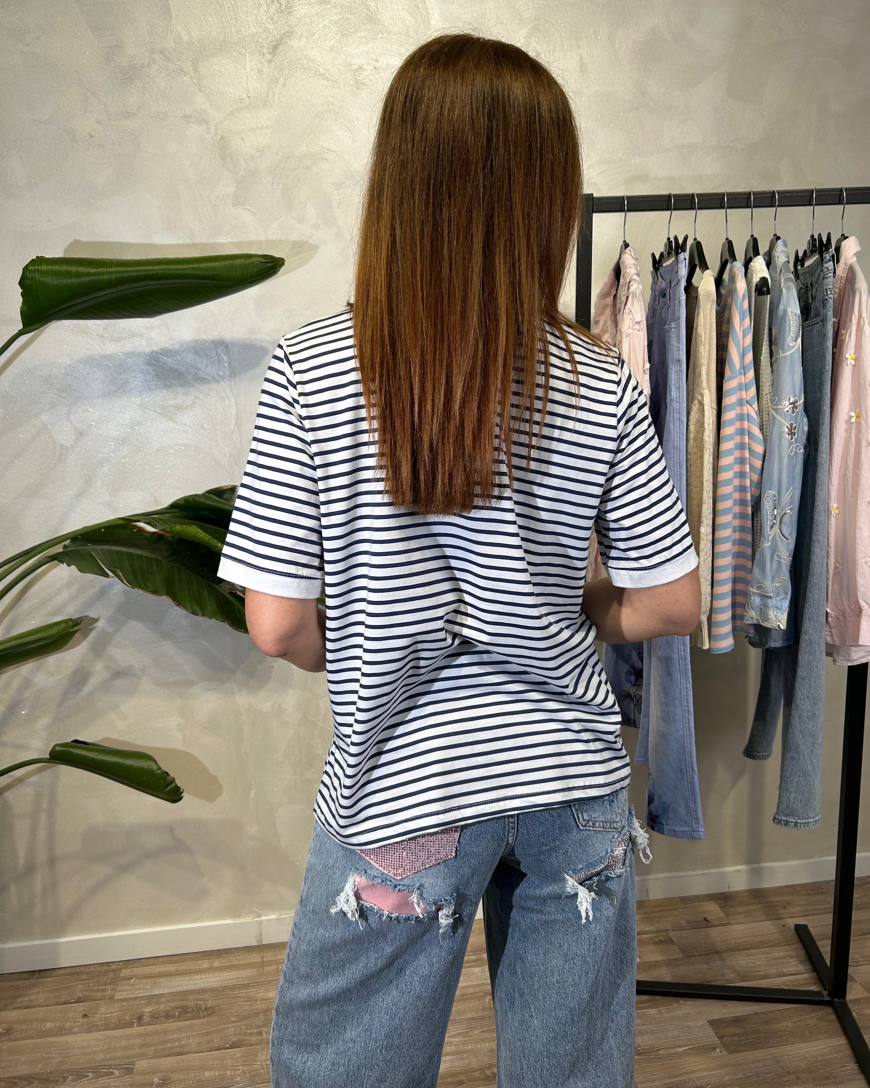 T-SHIRT MANICHE CORTE RIGATA COL.BLU
