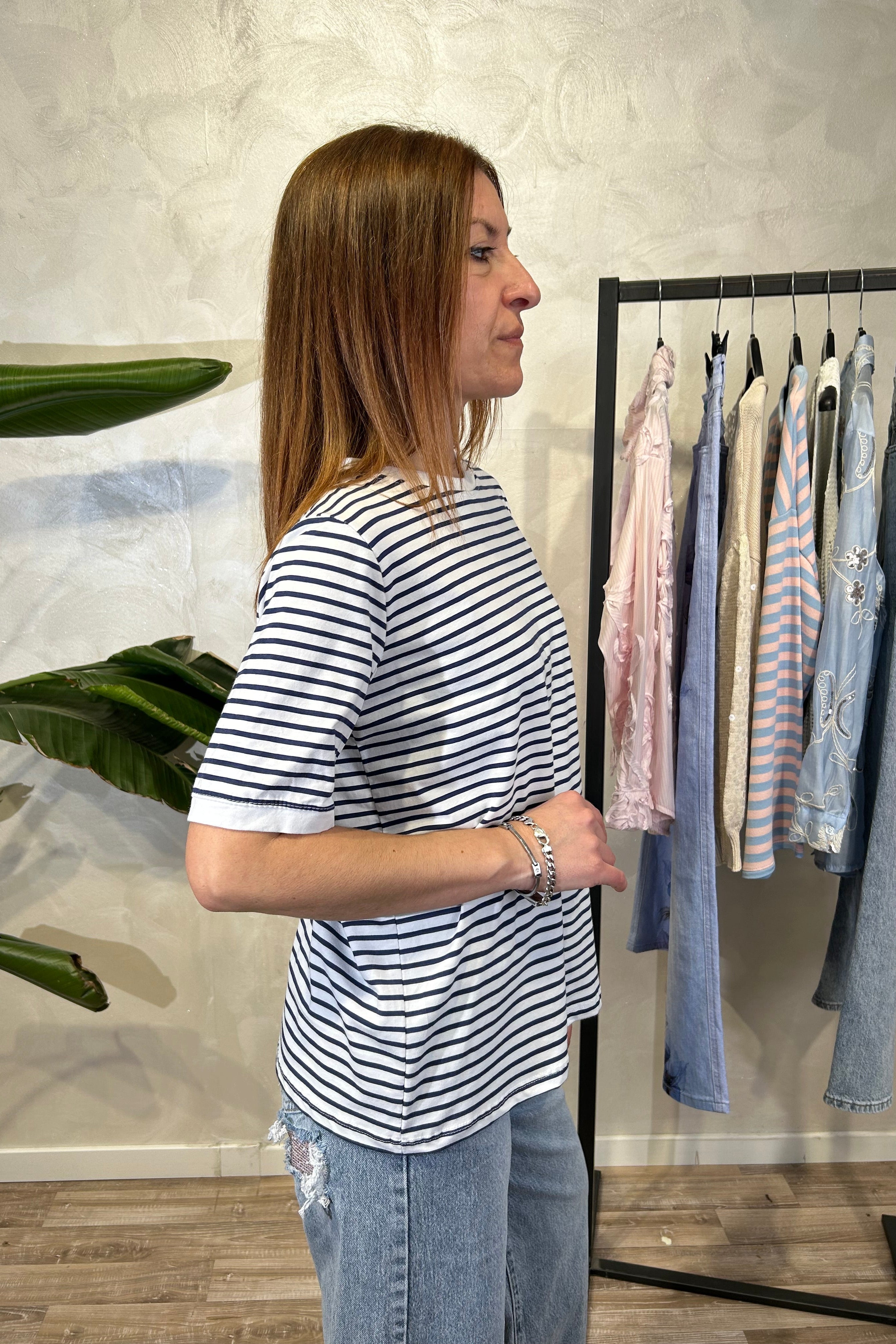 T-SHIRT MANICHE CORTE RIGATA COL.BLU