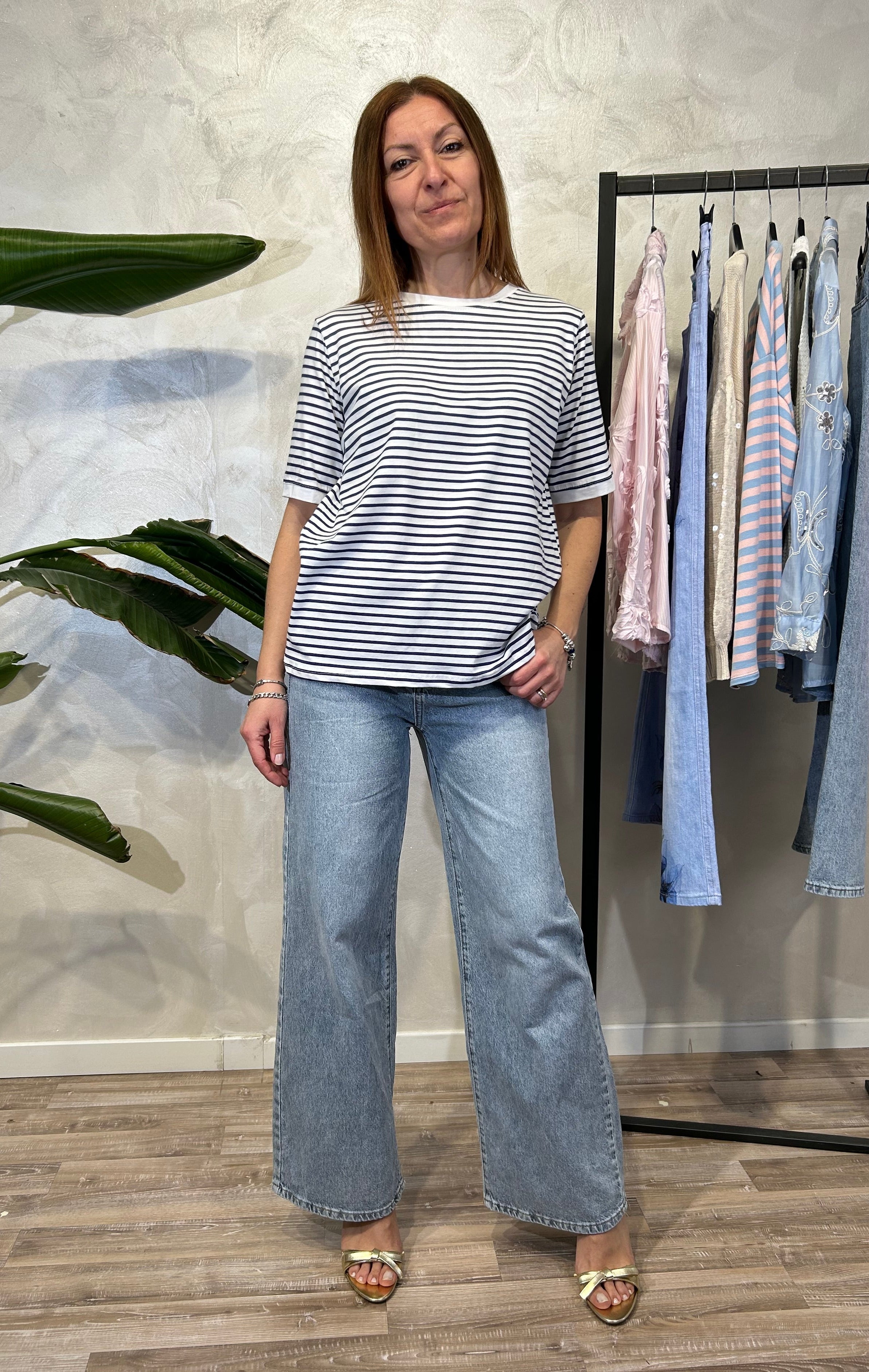 T-SHIRT MANICHE CORTE RIGATA COL.BLU