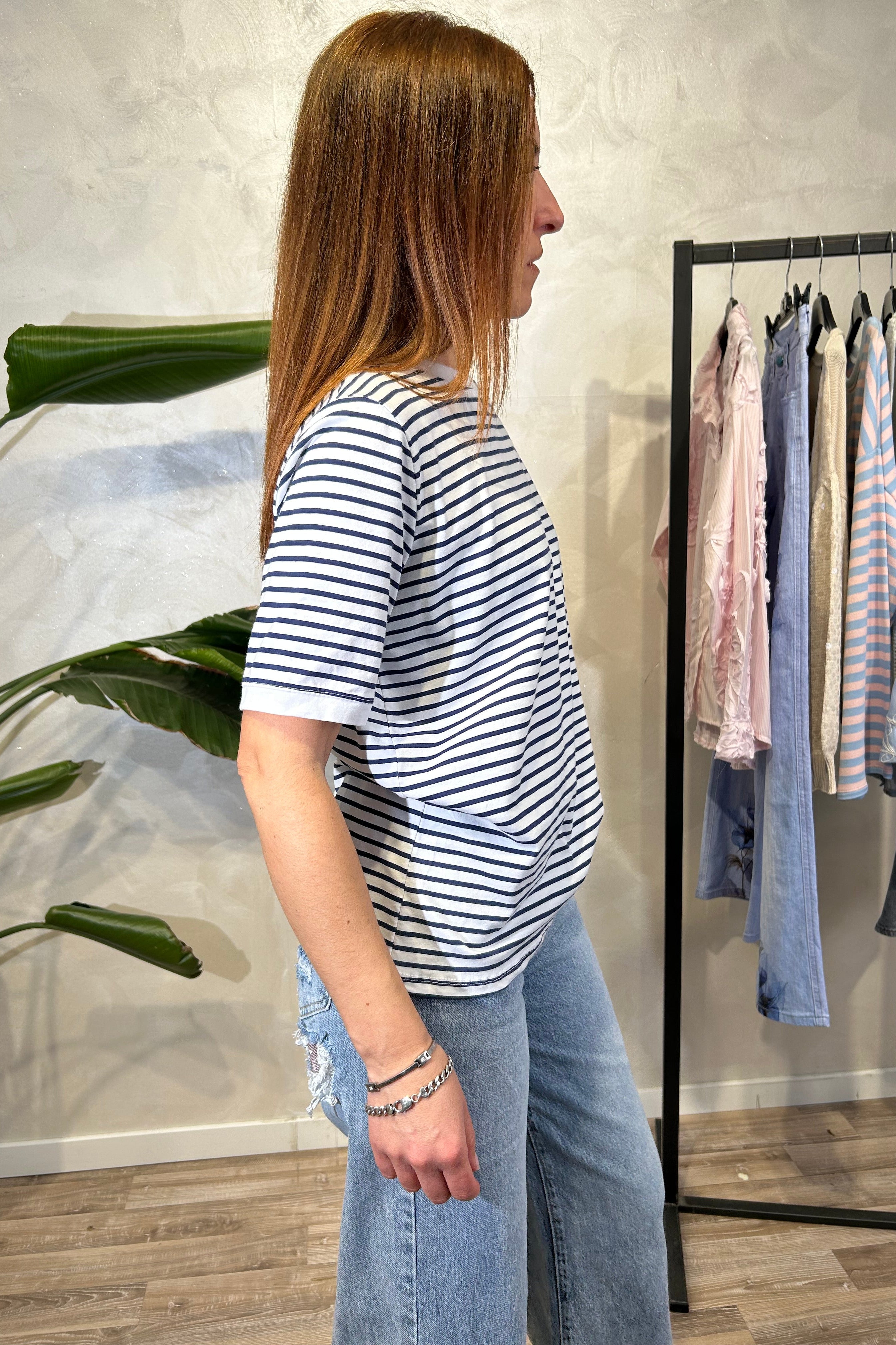 T-SHIRT MANICHE CORTE RIGATA COL.BLU