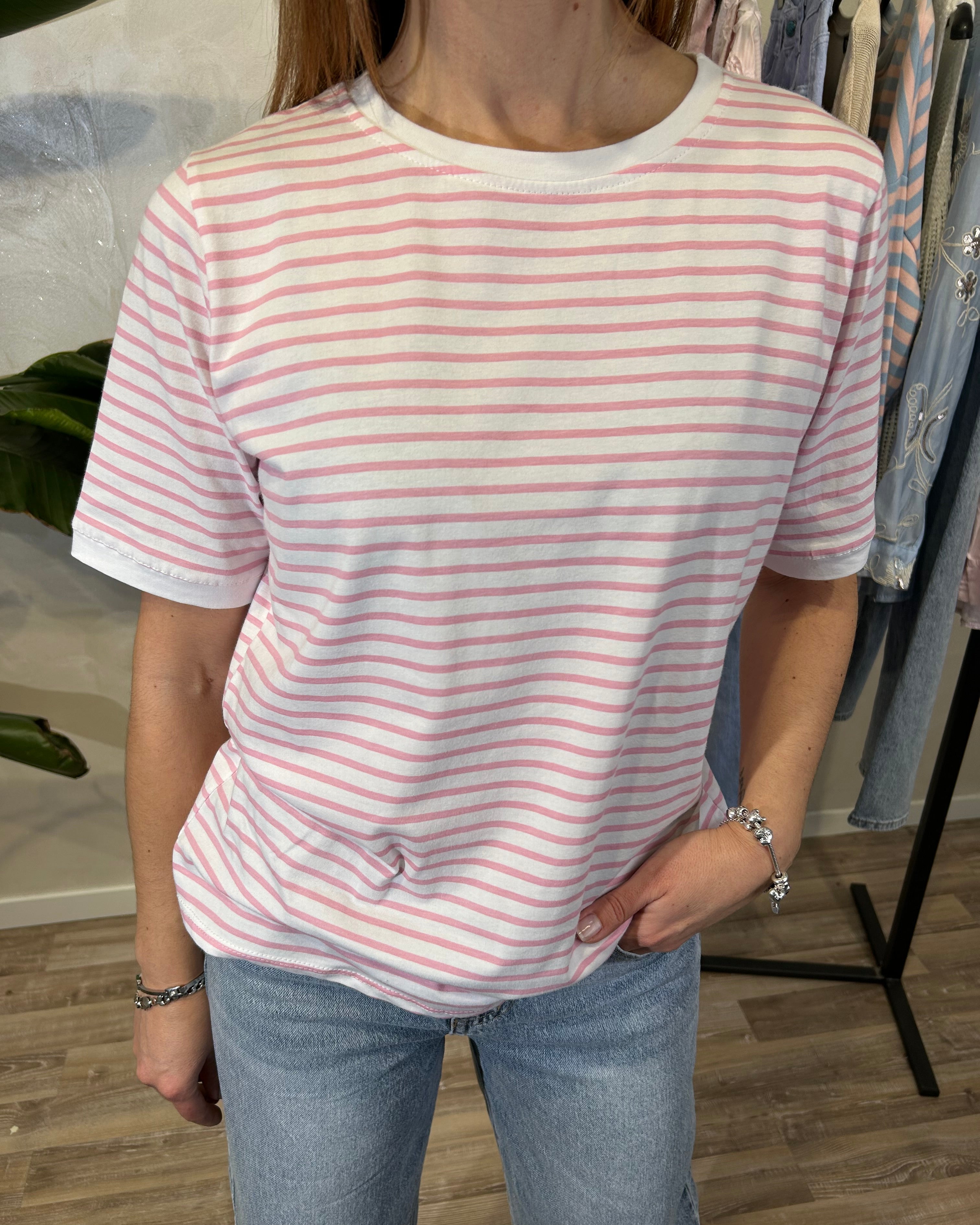 T-SHIRT MANICHE CORTE RIGATA COL.ROSA