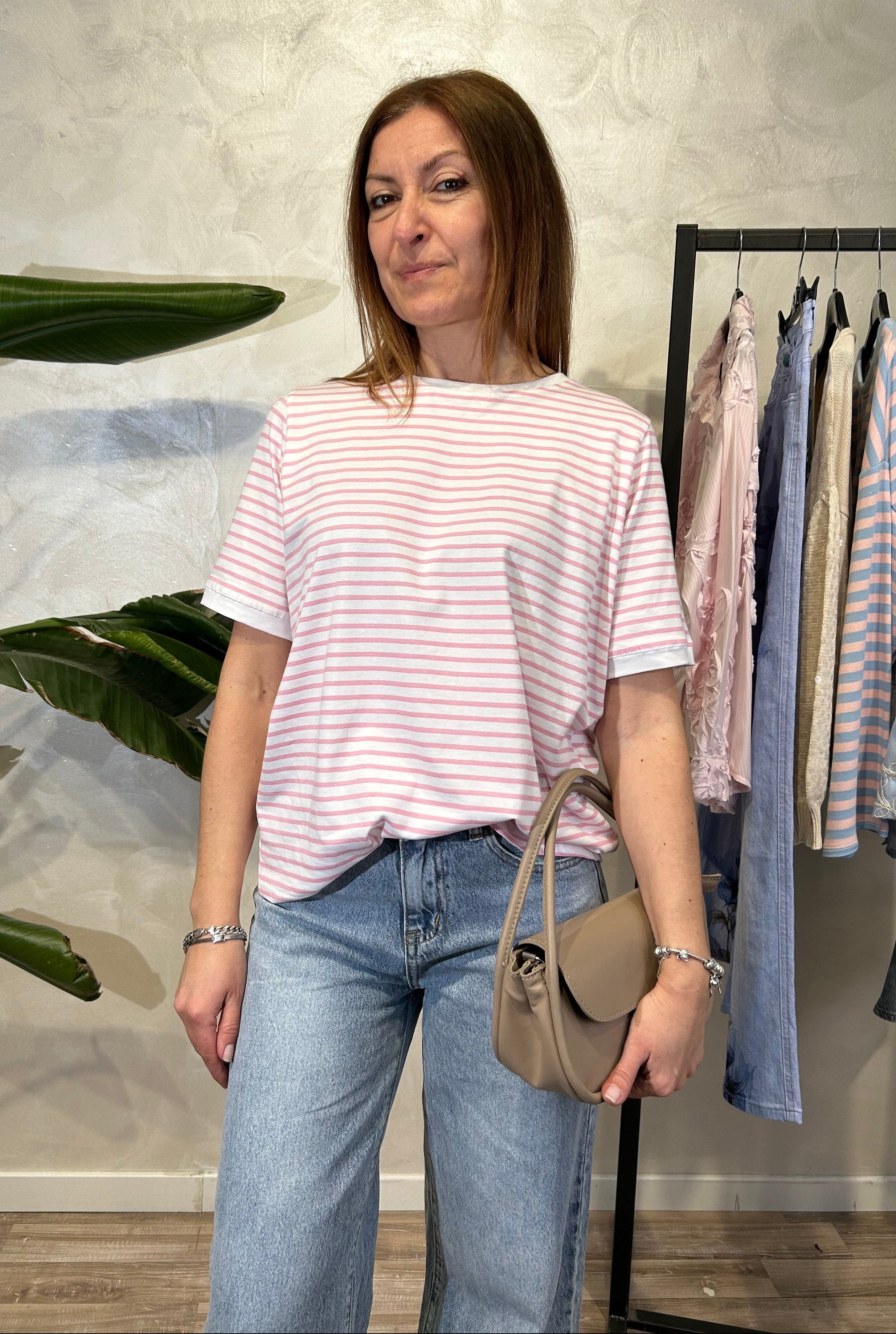 T-SHIRT MANICHE CORTE RIGATA COL.ROSA