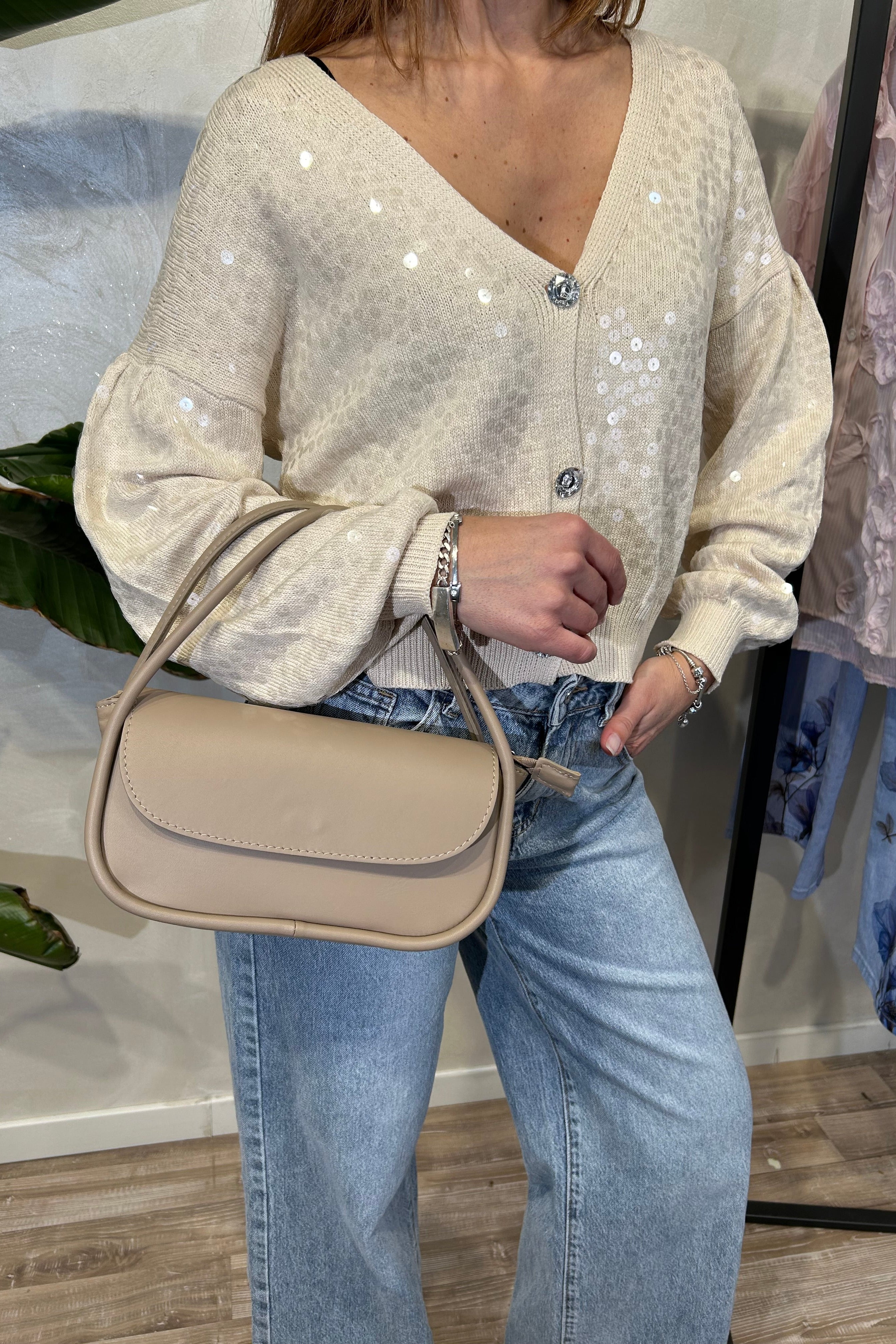 CARDIGAN IN MAGLIA CON APPLICAZIONI IN PAILETTES TRASPARENTI COL. SABBIA